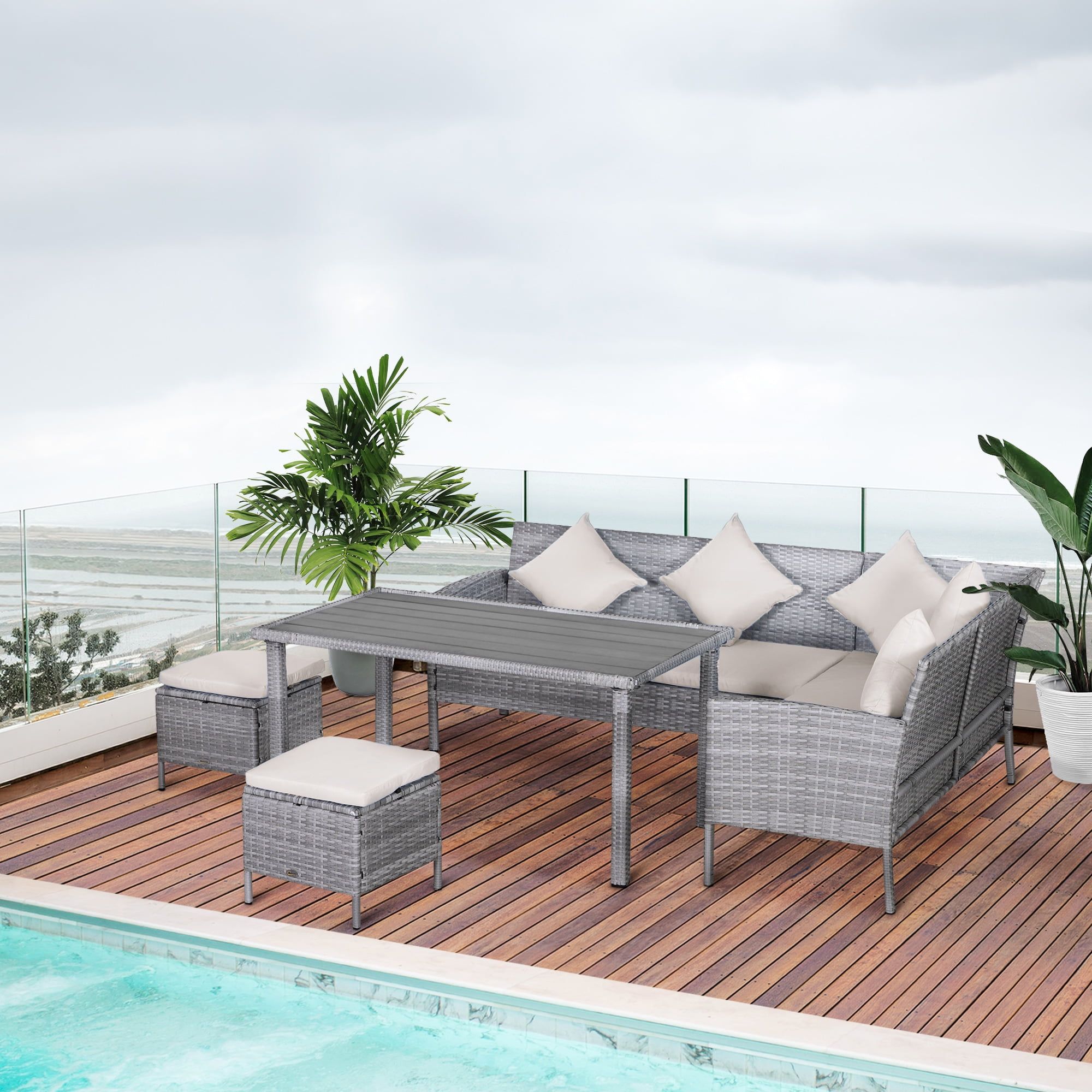 Gray Wicker 5-Piece Outdoor Sectional Sofa Set with Beige Cushions