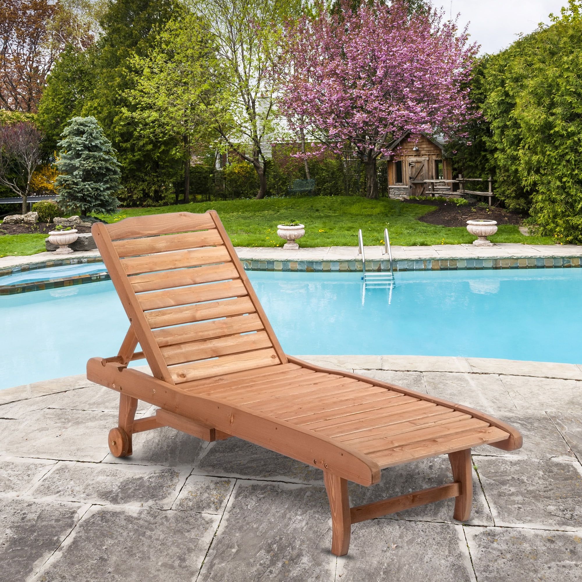 Red Wood Fir Outdoor Adjustable Chaise Lounge with Pullout Table