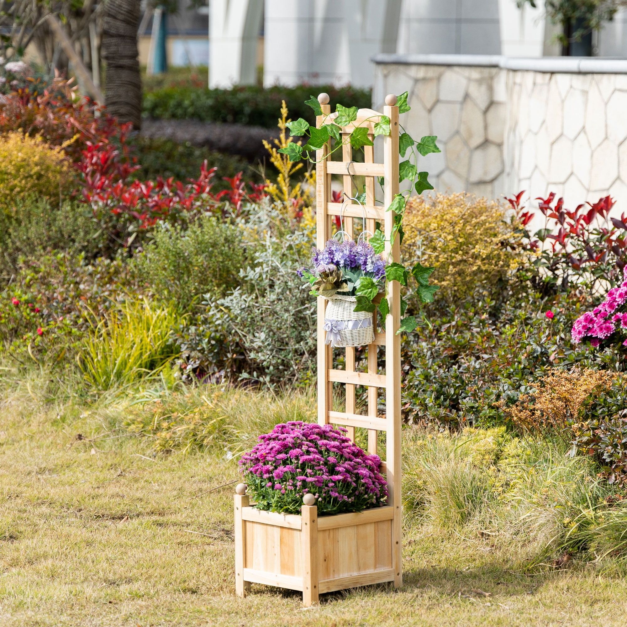 Natural Wood Raised Garden Bed with Trellis for Climbing Plants