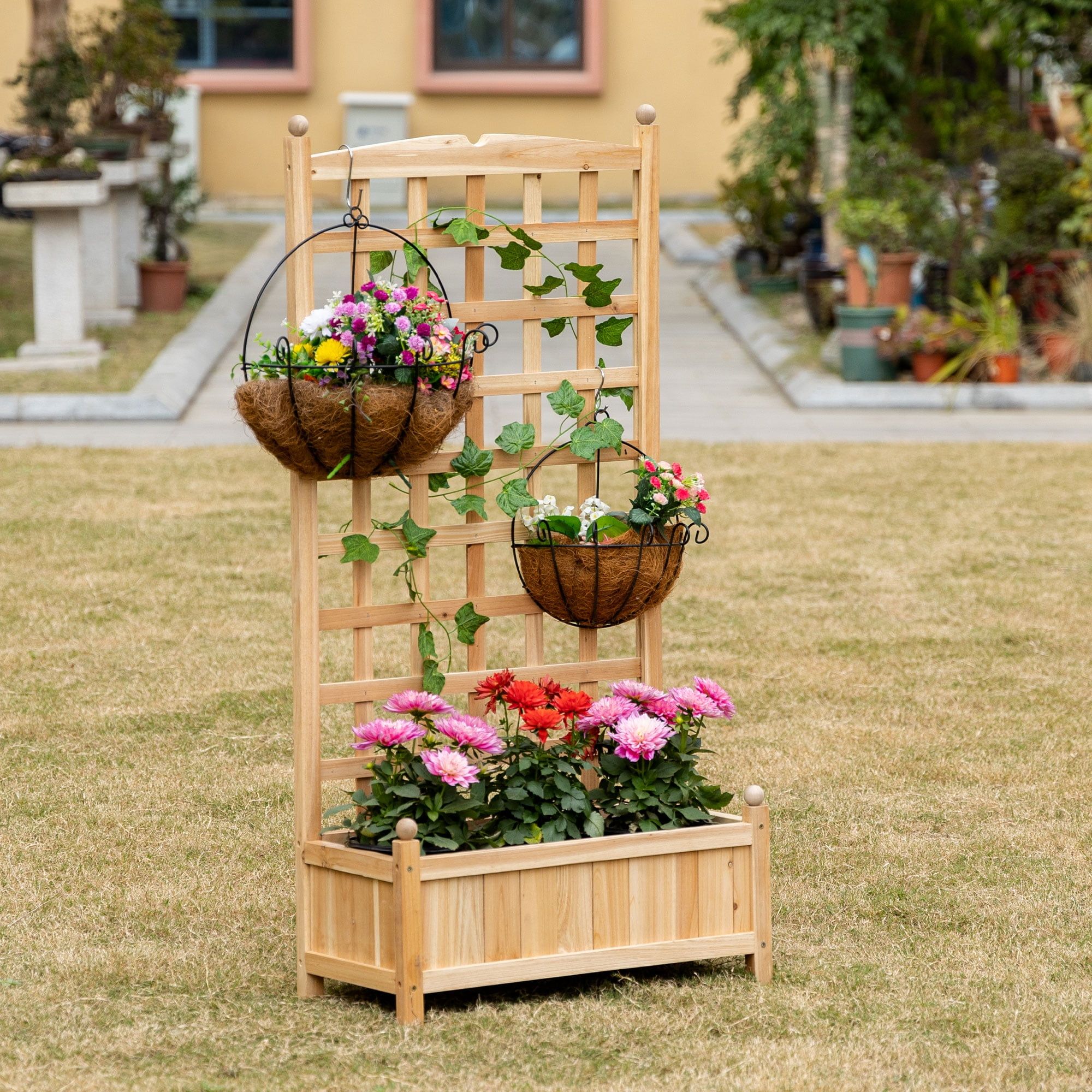 Elevated Solid Wood Garden Bed with Integrated Trellis 25.5" x 52"