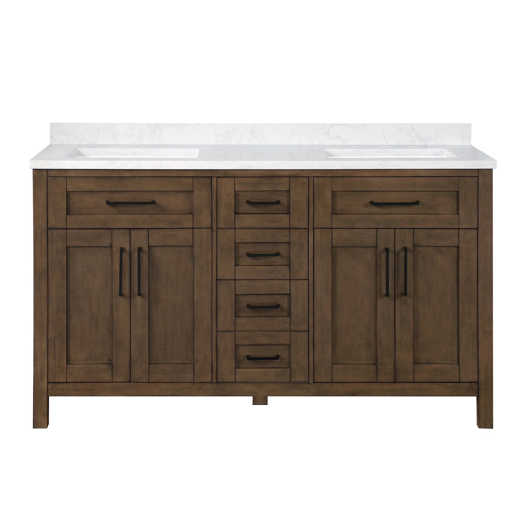 Almond Latte Freestanding Double Sink Bathroom Vanity with Marble Top