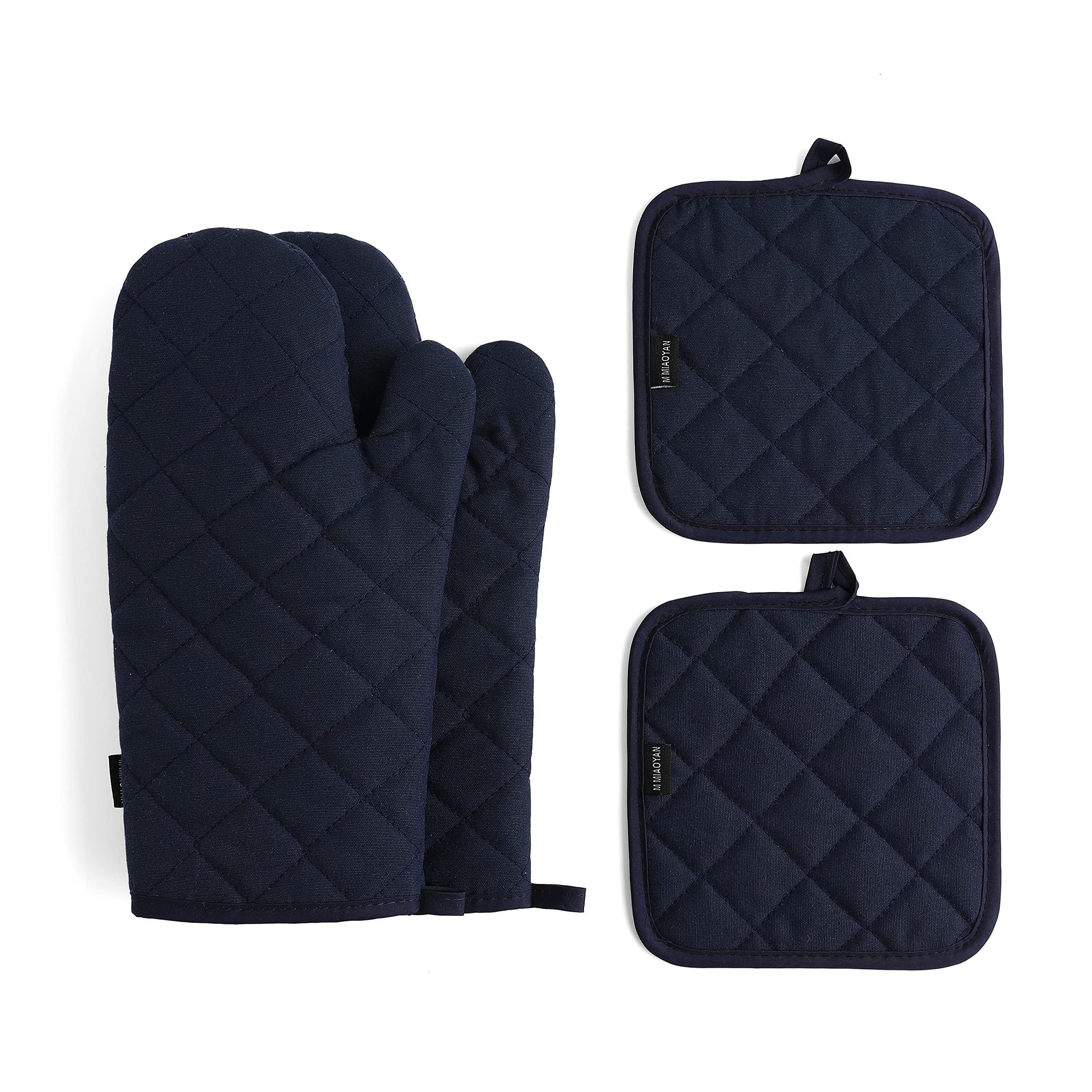 Deep Blue Quilted Cotton Oven Mitts and Pot Holders Set