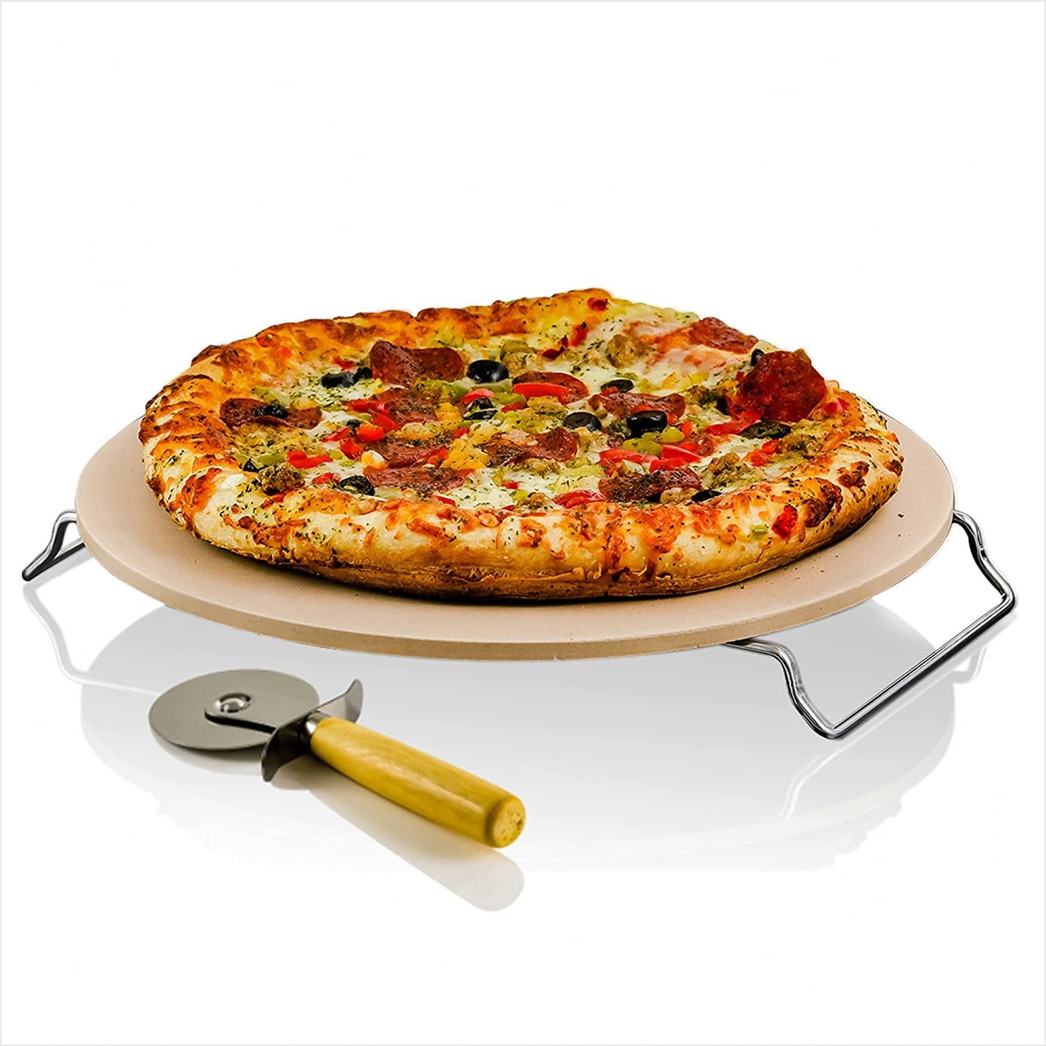 Beige Ceramic 13 Inch Pizza Stone Set with Cutter and Rack