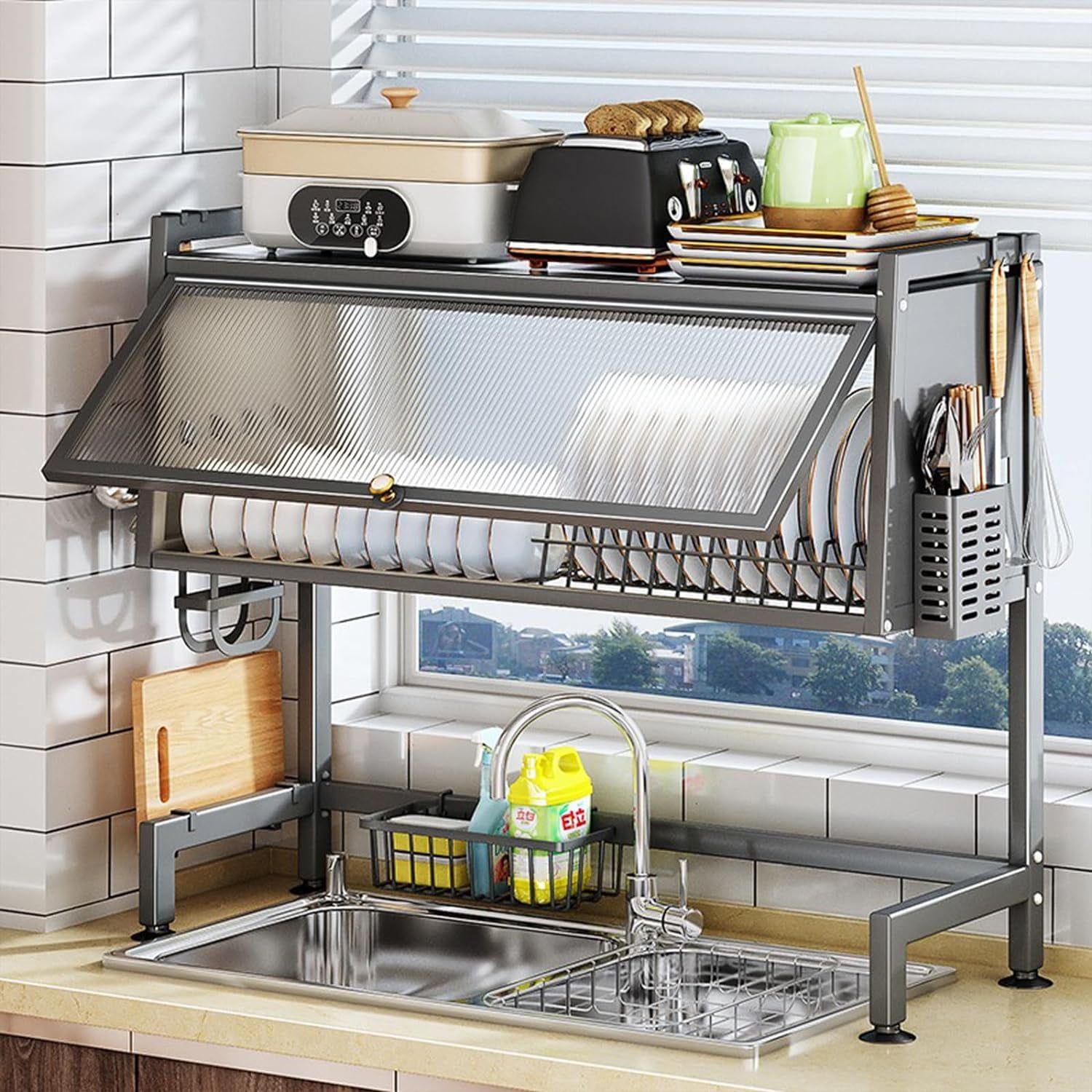 Slate Gray Over-the-Sink Metal Dish Drying Rack with Cover