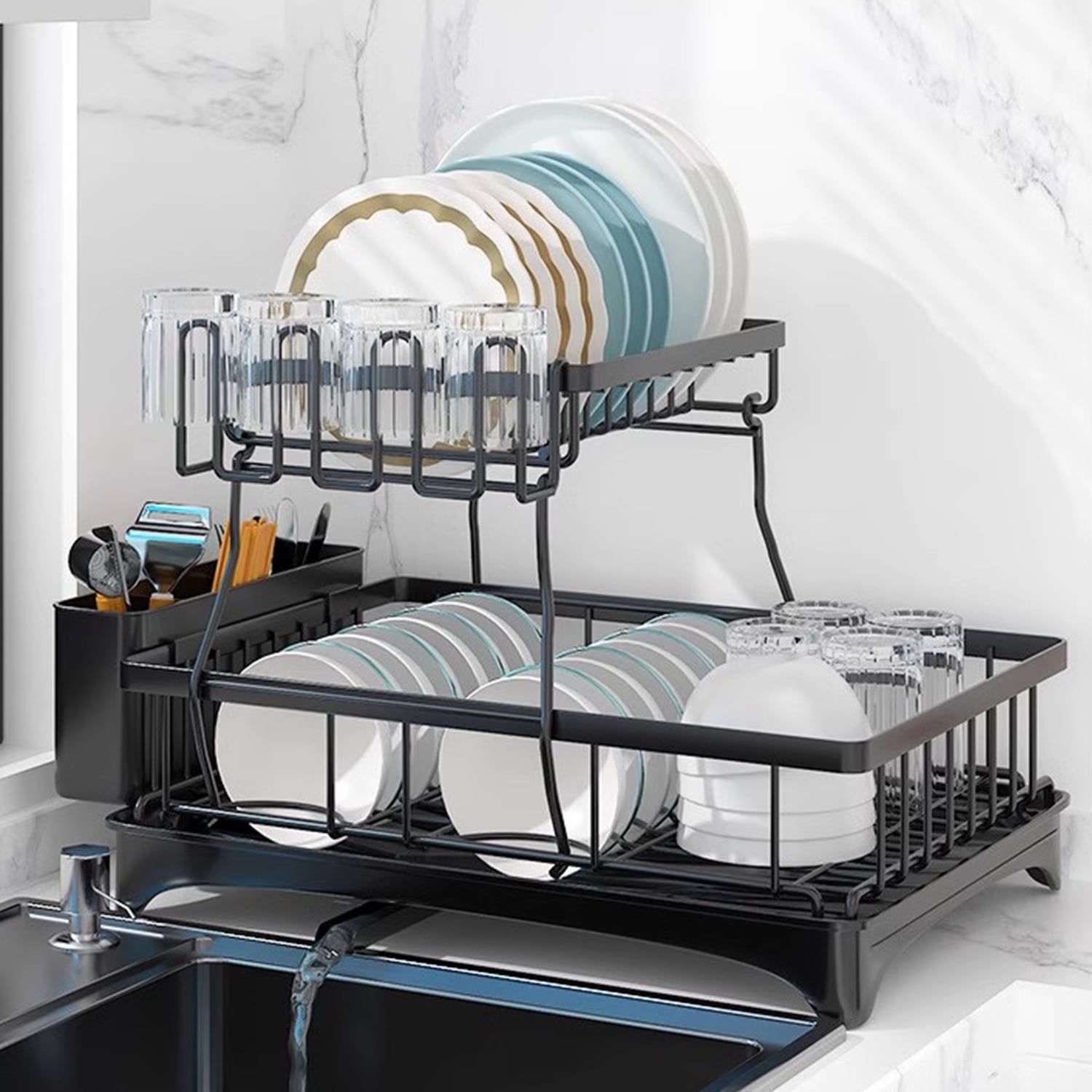 Black Stainless Steel 2-Tier Foldable Dish Rack with Utensil Cup