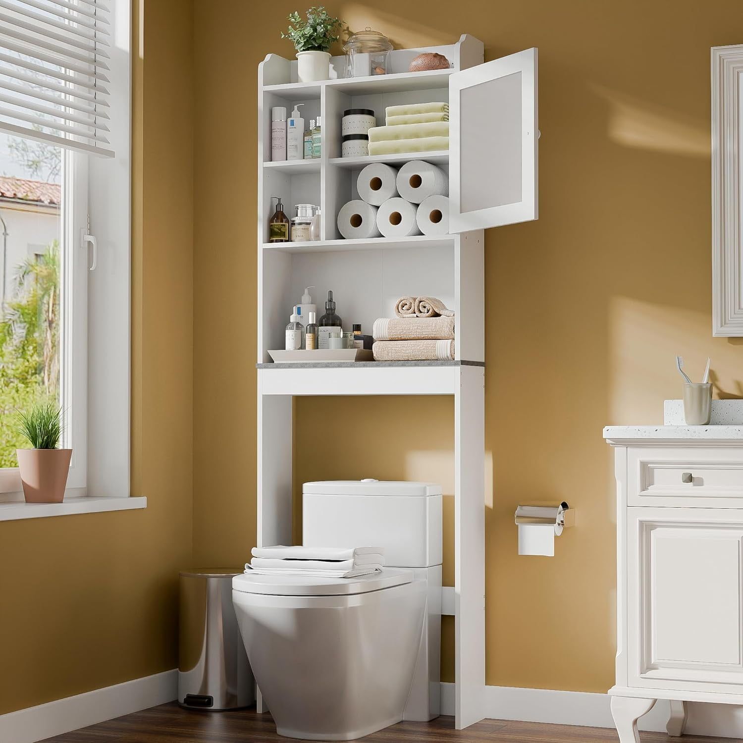 White Wooden Over-the-Toilet Storage Cabinet with Adjustable Shelf