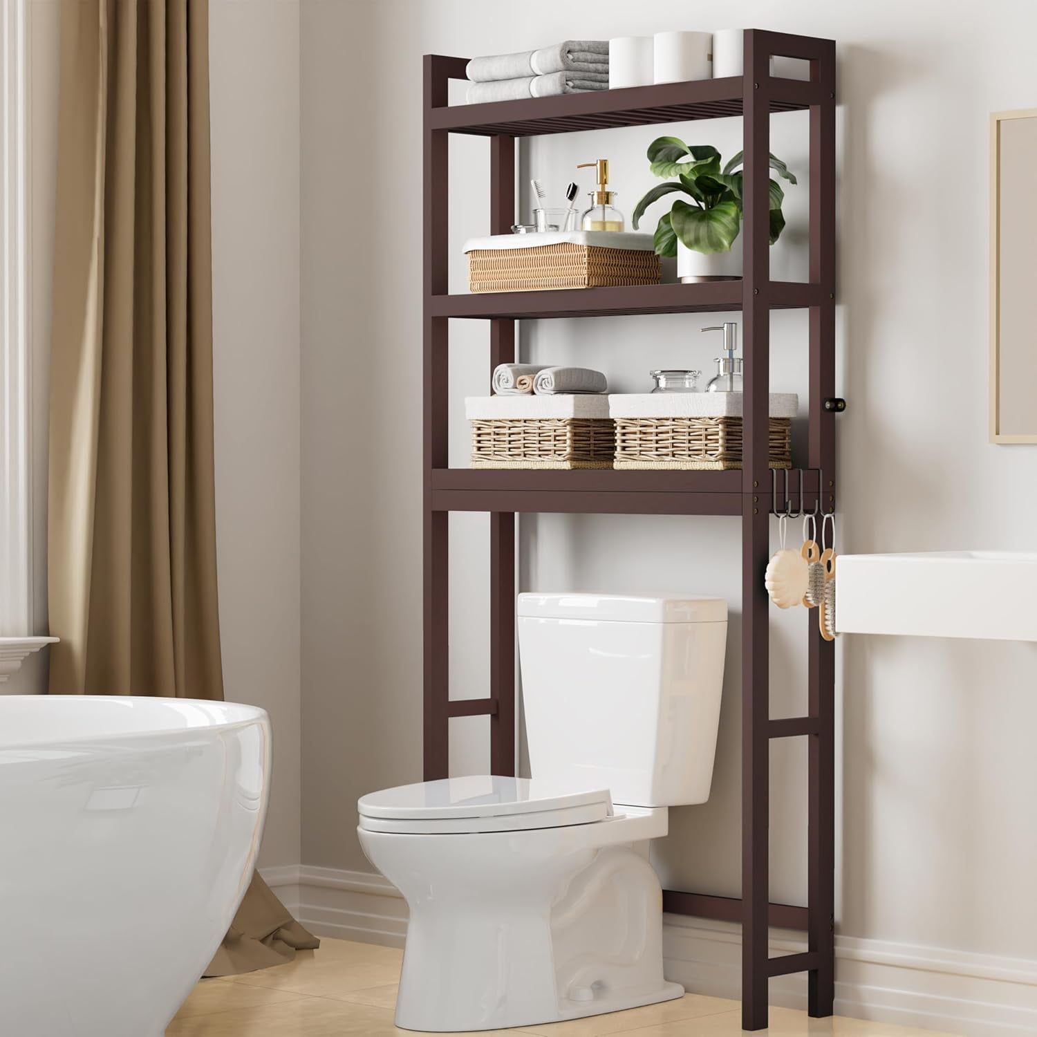 Brown Bamboo 3-Tier Adjustable Over-the-Toilet Storage Organizer