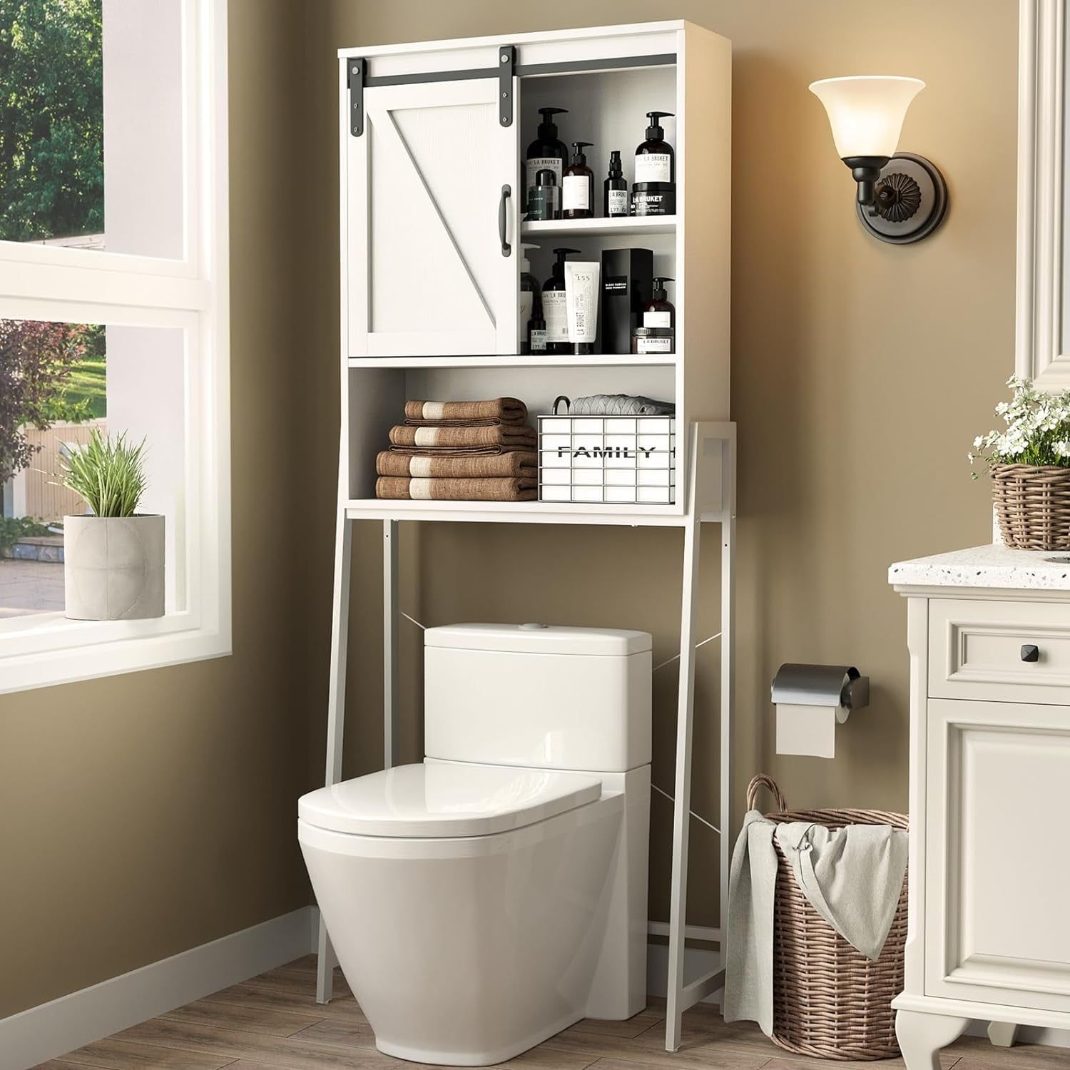 White Over-the-Toilet Storage Cabinet with Adjustable Shelves and Barn Door