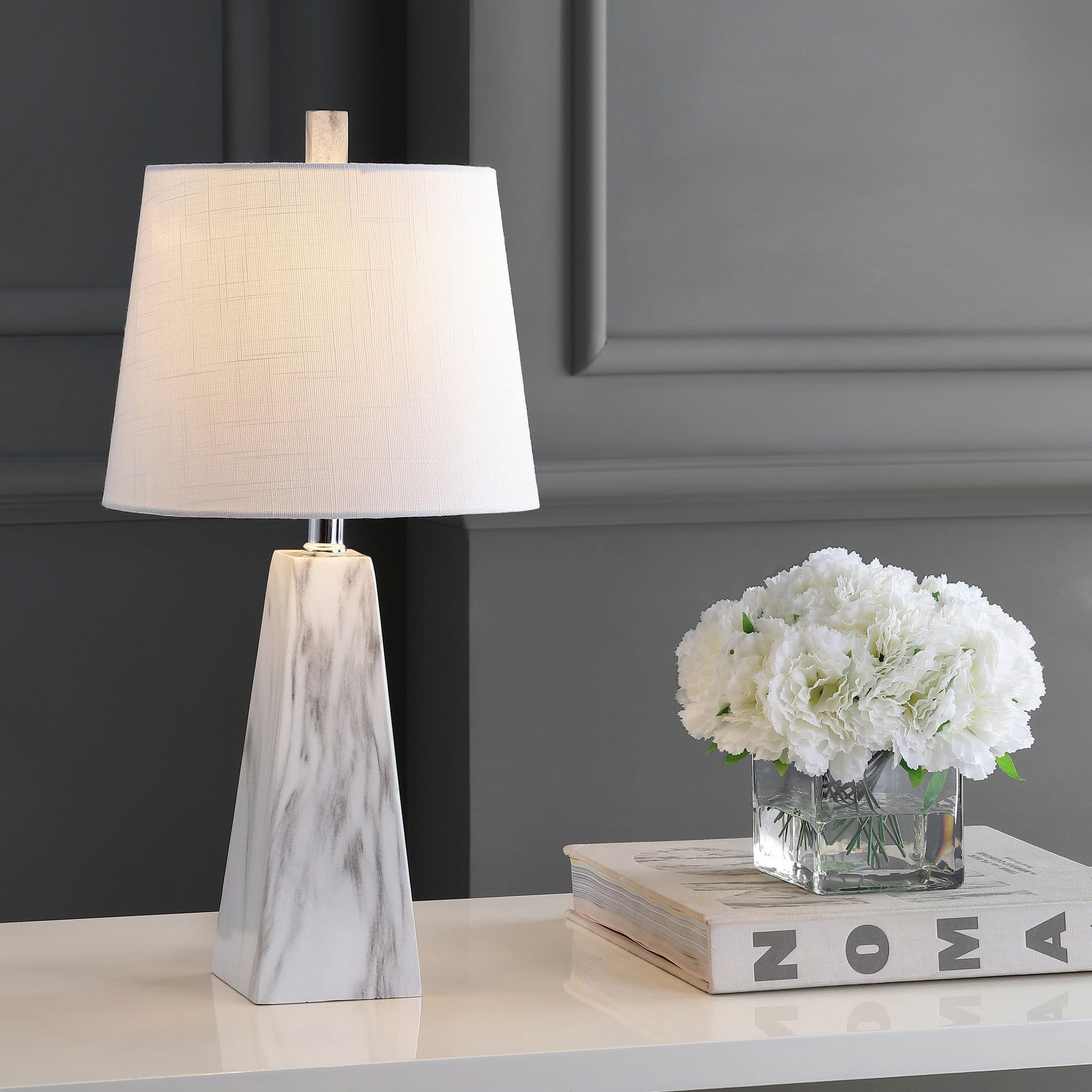 Elegant 20.5" White Marble-Effect Resin Table Lamp with Linen Shade