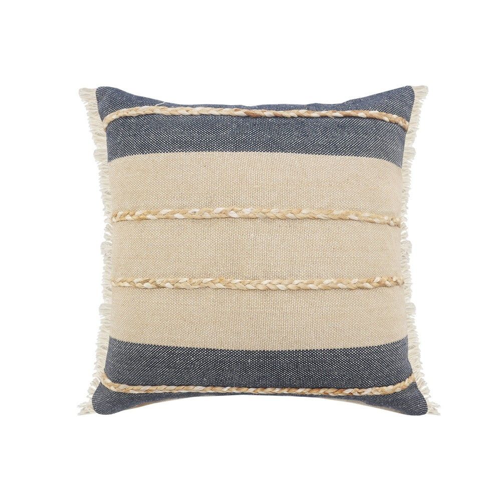 Blue and Tan Striped Cotton Throw Pillow with Fringe, 20"