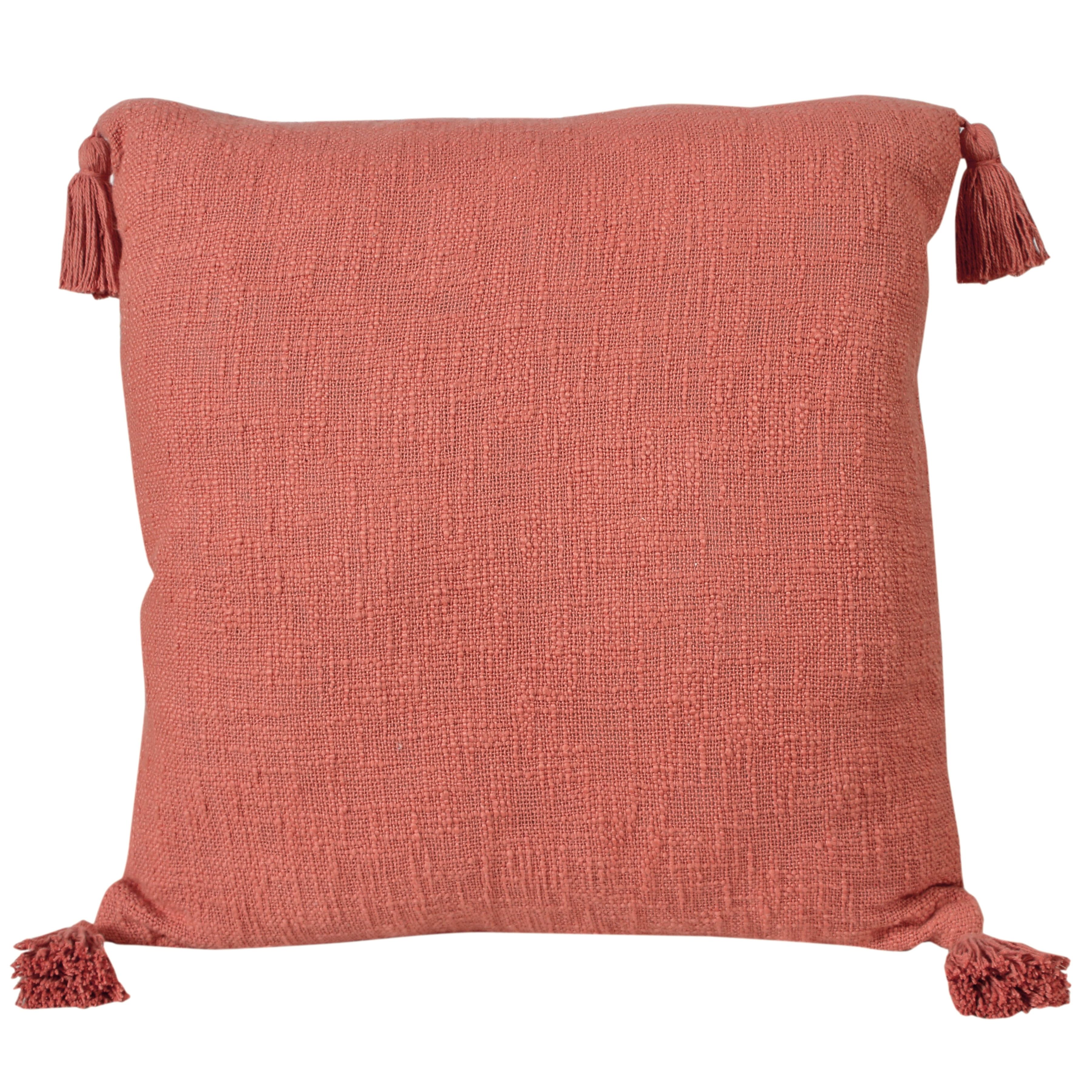 Coral Pink Casual Boho-Chic 20" Square Cotton Throw Pillow with Tassels