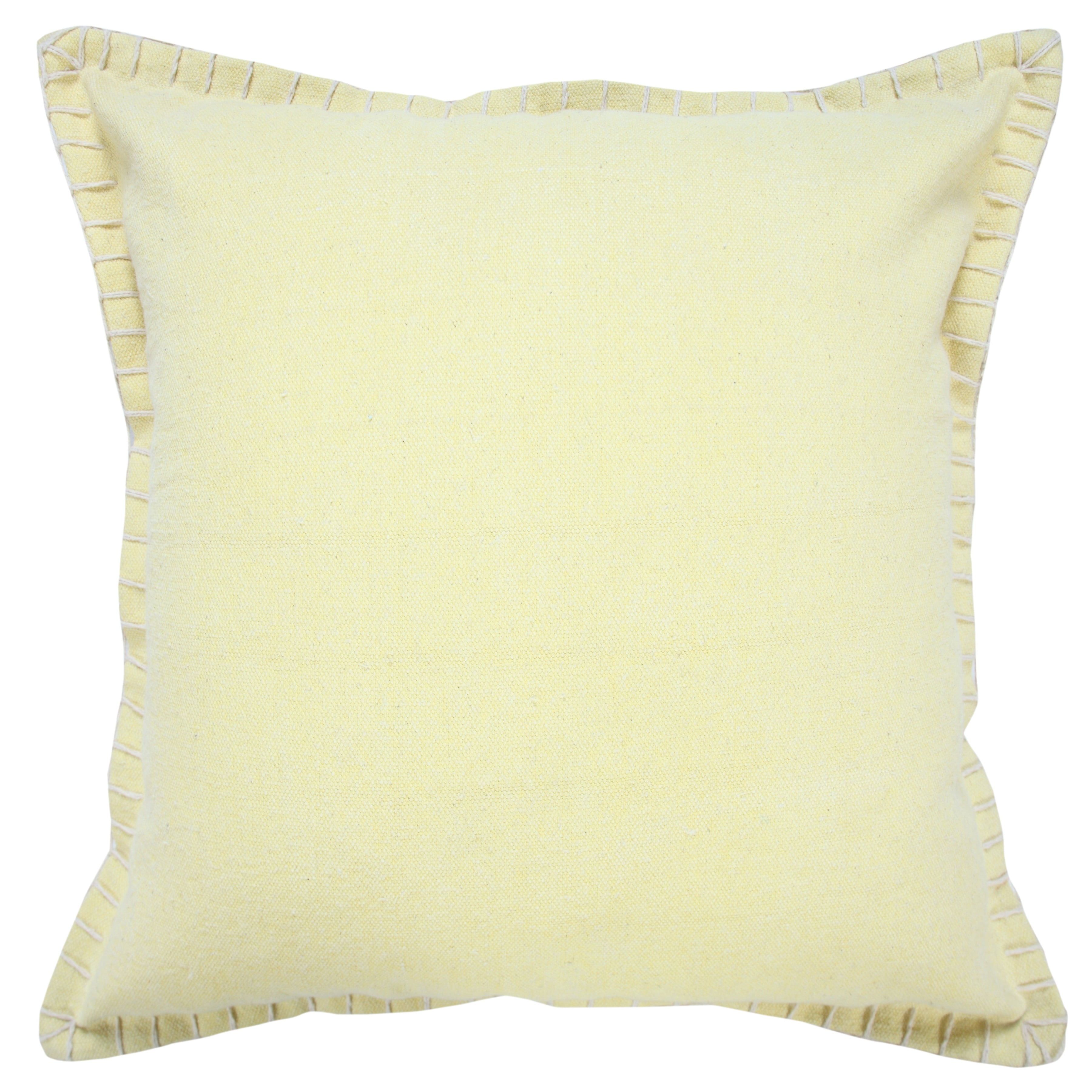 20" Light Yellow and White Embroidered Cotton Square Throw Pillow