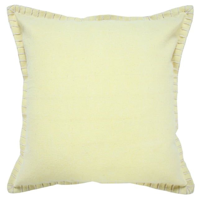20" Light Yellow and White Embroidered Cotton Square Throw Pillow