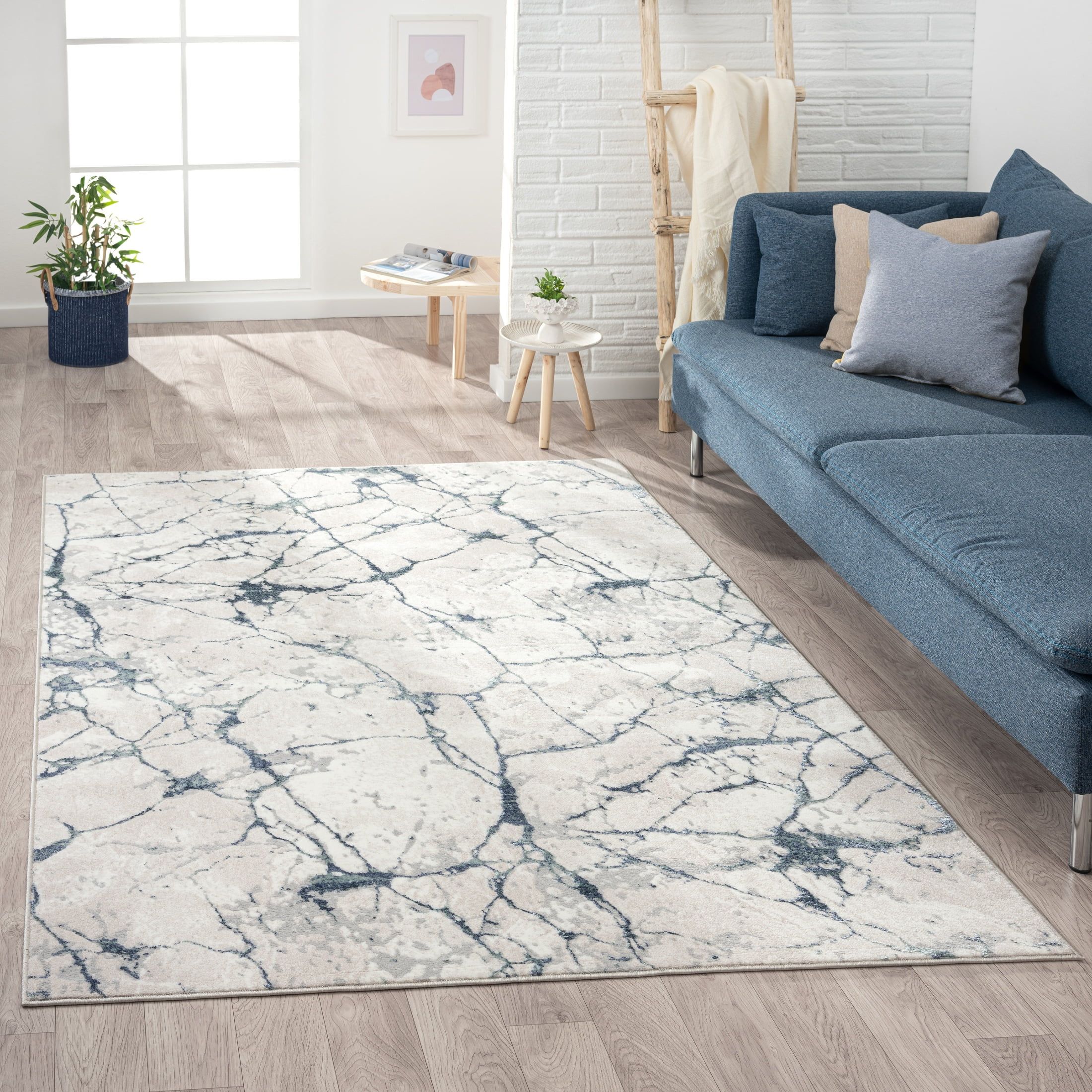 Abstract Blue Marble 5'x7' Synthetic Easy-Care Area Rug