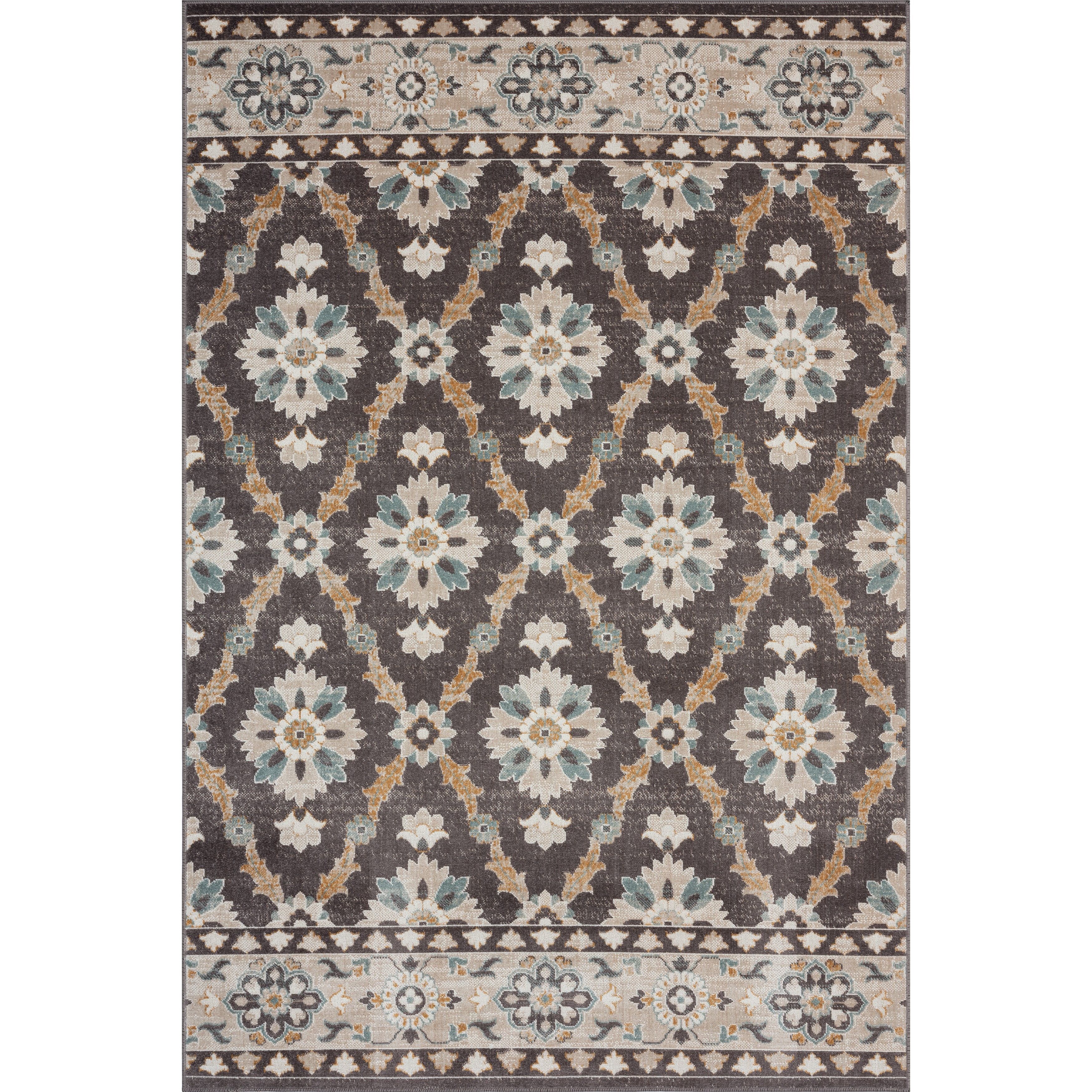 Reversible Rectangular Blue Floral Easy-Care Synthetic Area Rug