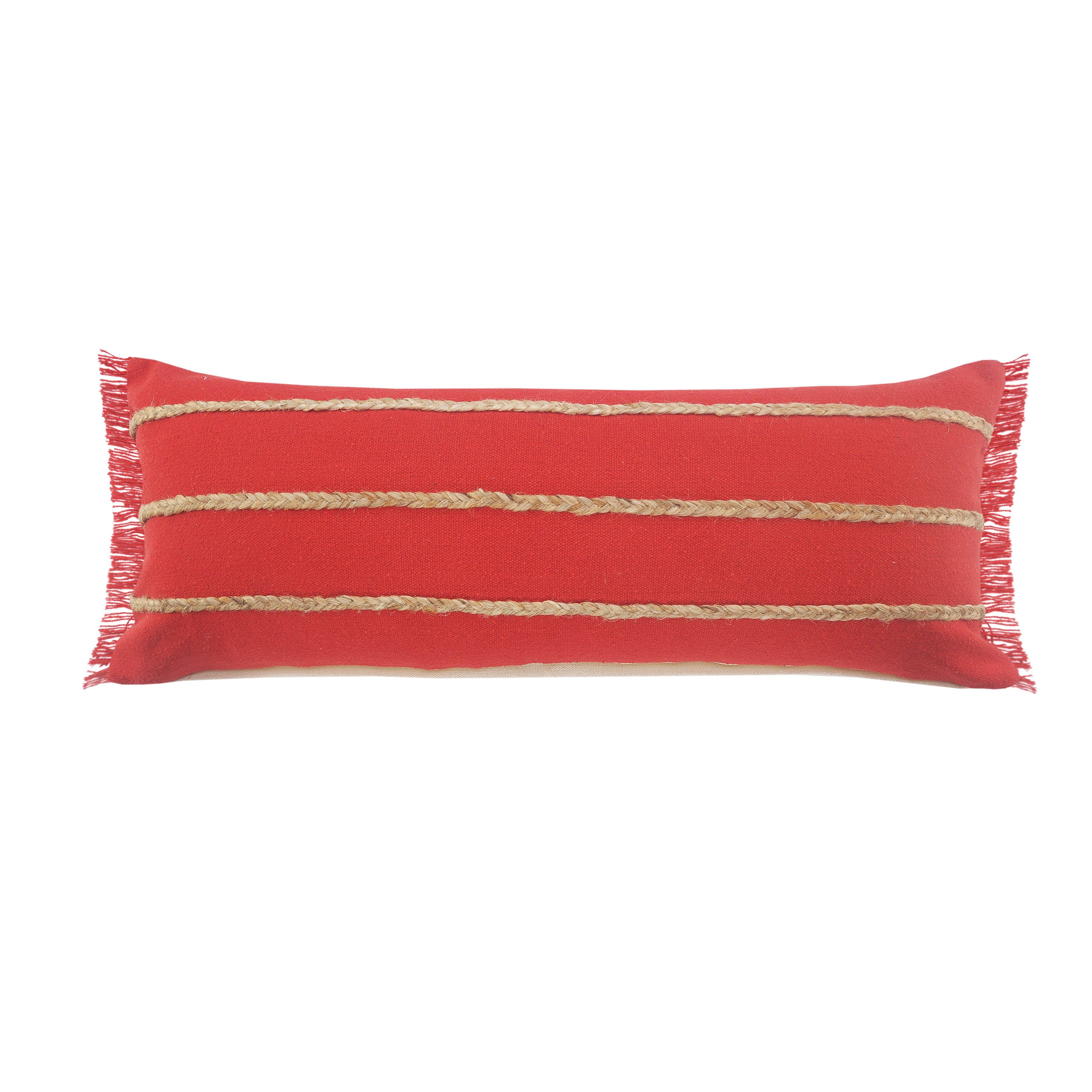 Americana Nautical Red & Tan Jute Braided Lumbar Pillow, 14" x 36"