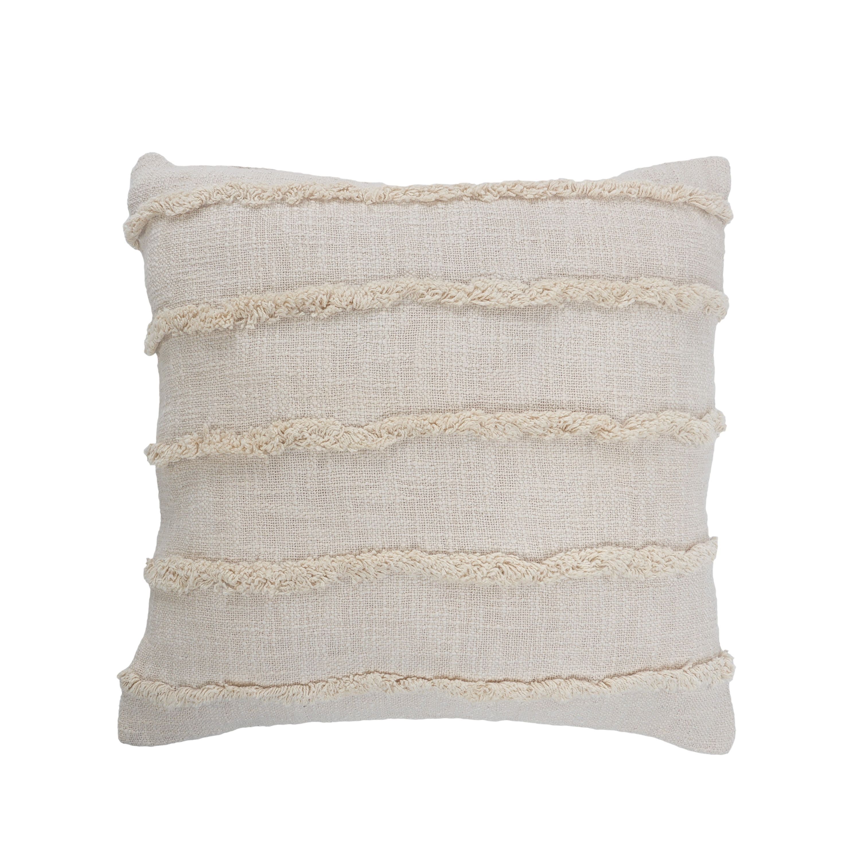 Beige Over-Tufted Fringed 20" Square Throw Pillow