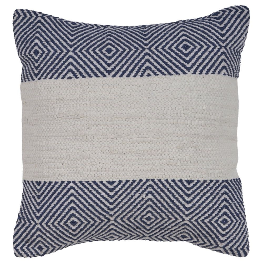 Blue and White Geometric Embroidered Square Throw Pillow, 18"