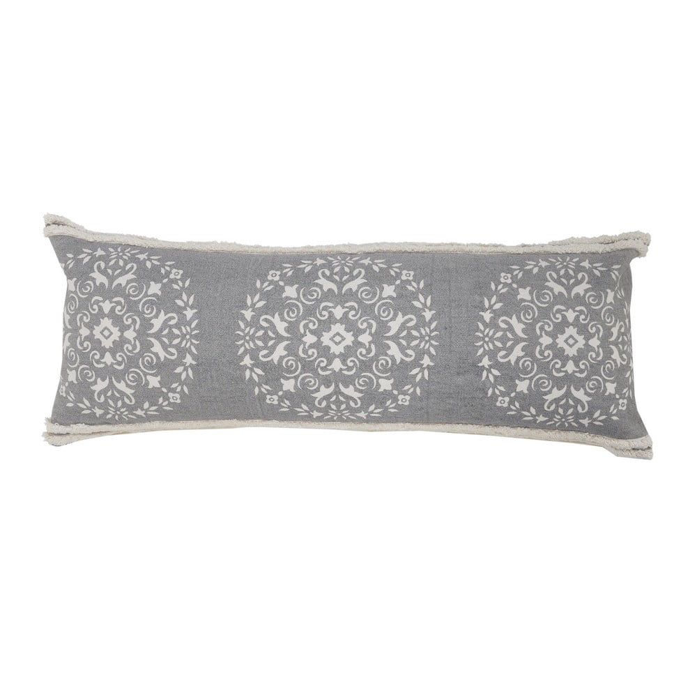 Gray and White Mandala Medallion Lumbar Pillow with Tufted Border, 14" x 36"