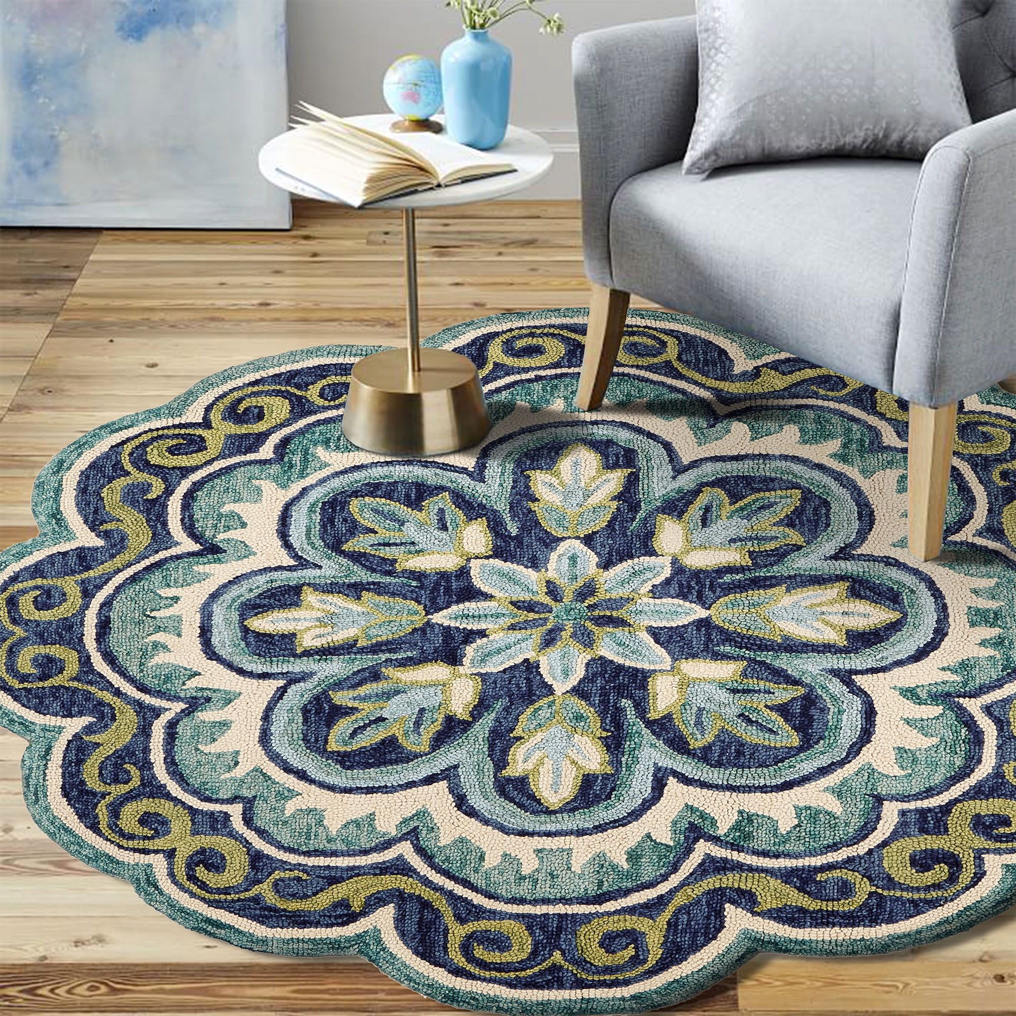 Blitz Blue Floral Hand-Tufted Wool Round Rug, 5 ft