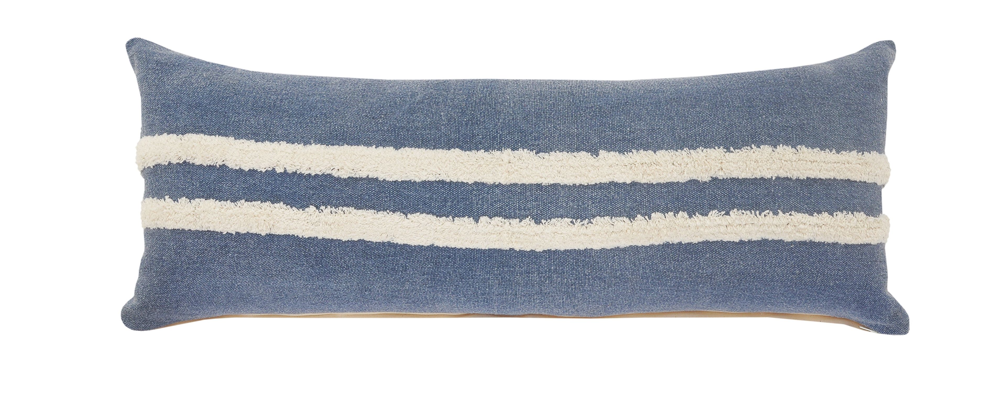 Dusty Blue and White Striped Tufted Lumbar Throw Pillow, 14" x 36"