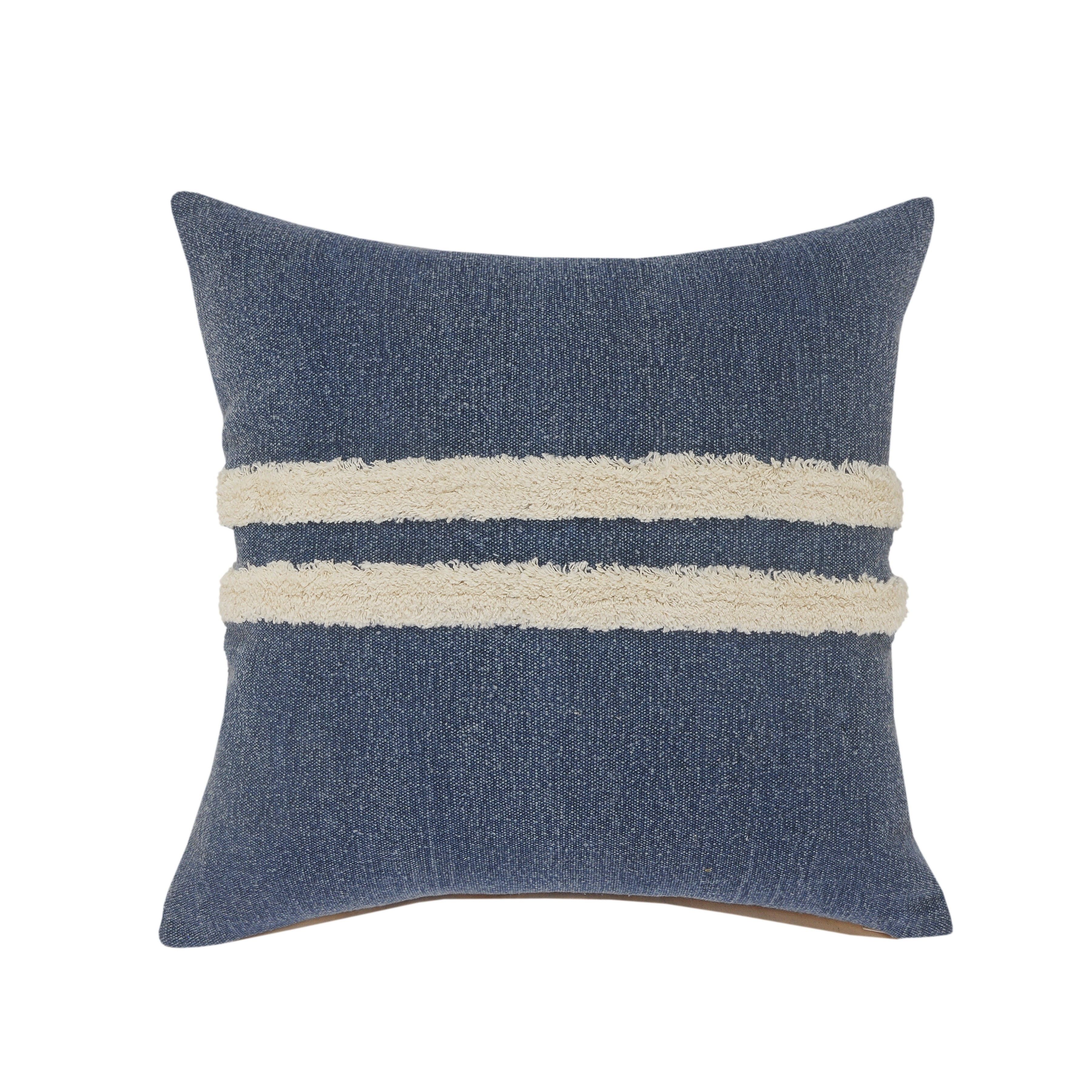 Dusty Blue and White Tufted Stripe Square Throw Pillow, 20" x 20"