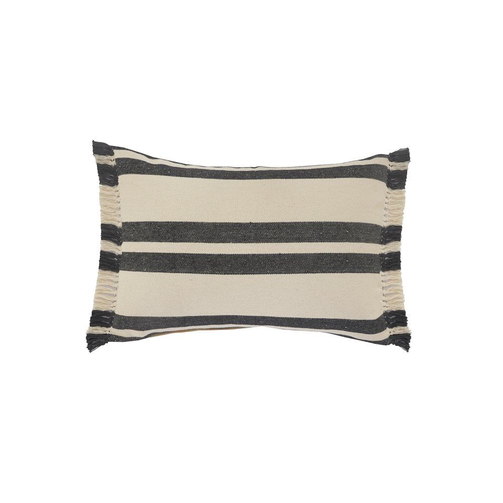 Gray and White Cotton Lumbar Pillow with Fringe, 16" x 24"