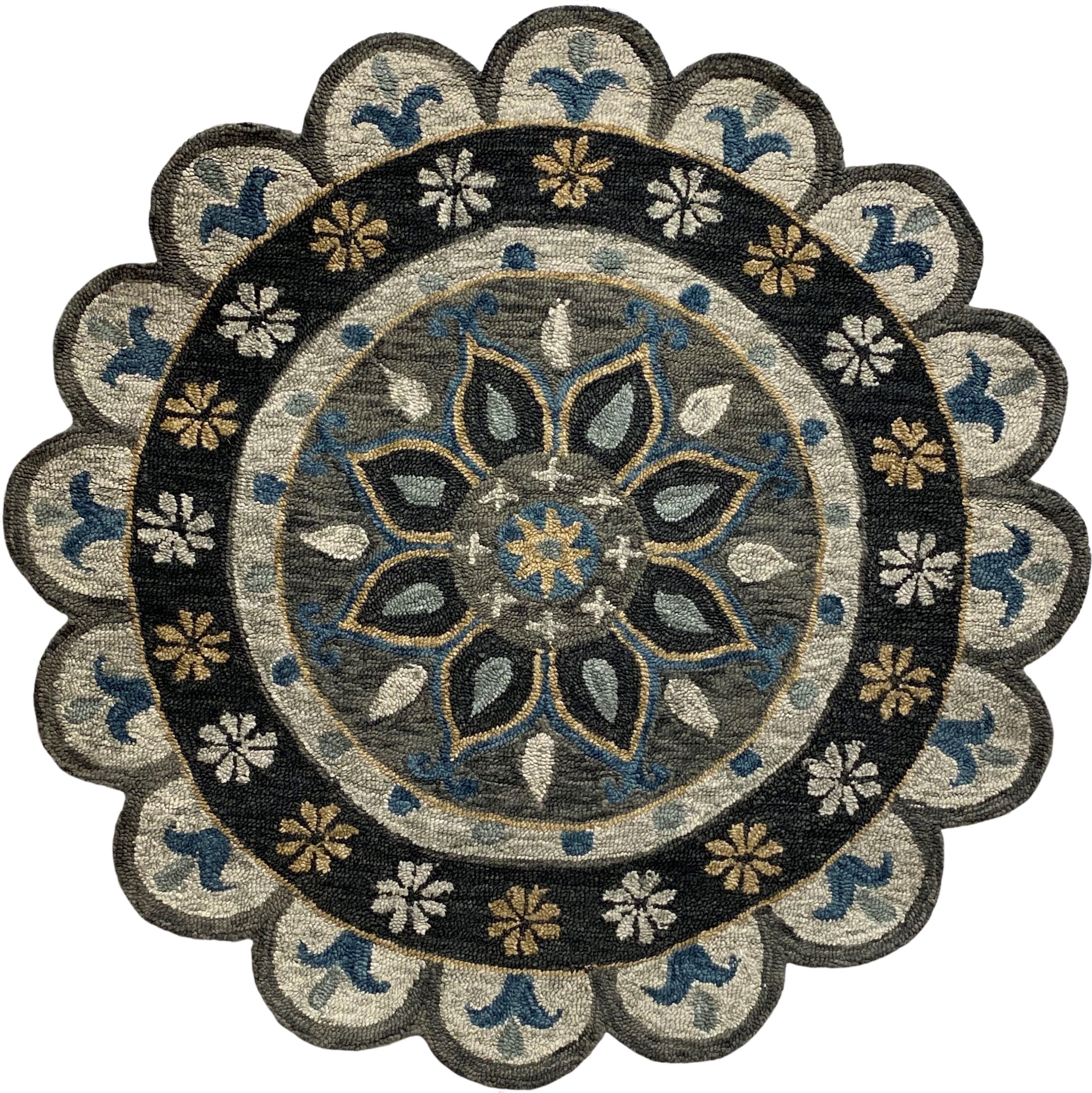 Gray Floral Medallion Handmade Wool Round Rug