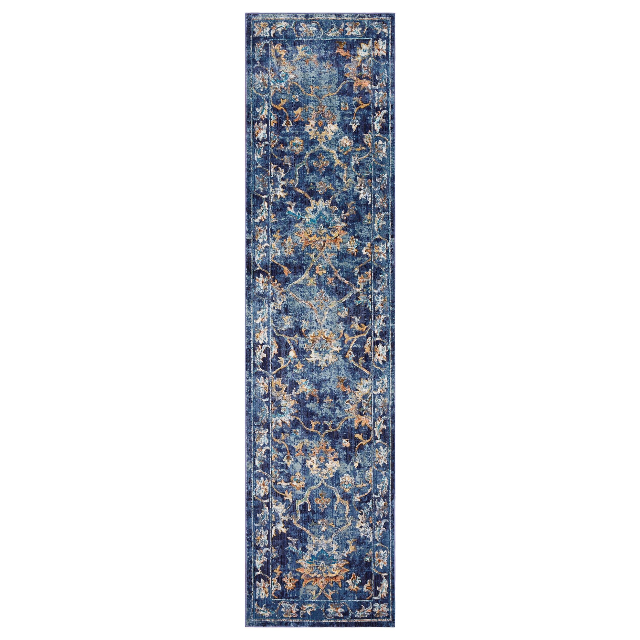 Indigo Blue Floral Synthetic Runner Rug with Cotton Backing