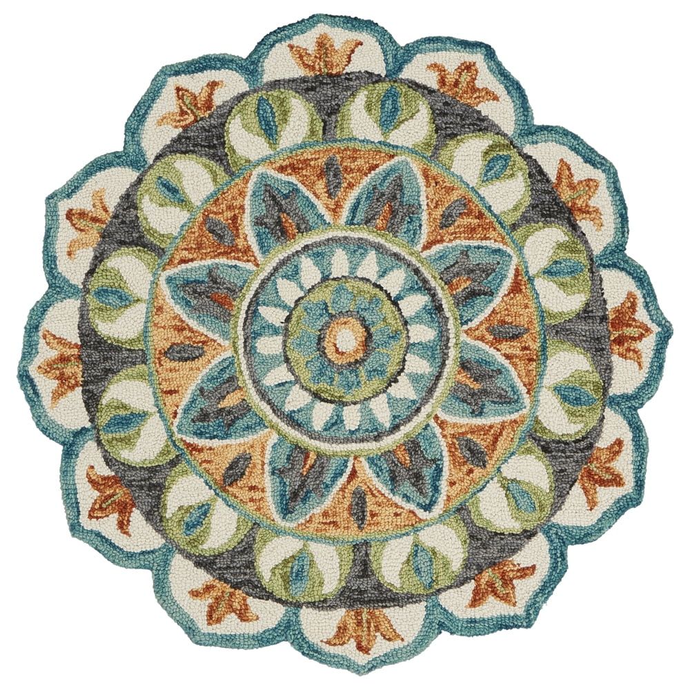 Handmade Floral Medallion Teal & Cream Wool Round Rug, 6' Diameter