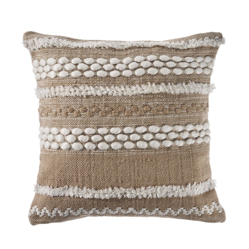 Neutral Beige and White Embroidered Square Throw Pillow