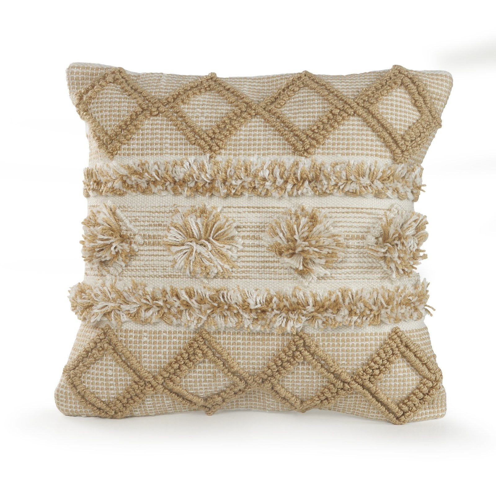 Neutral Beige and Cream Pom Pom Geometric Square Pillow