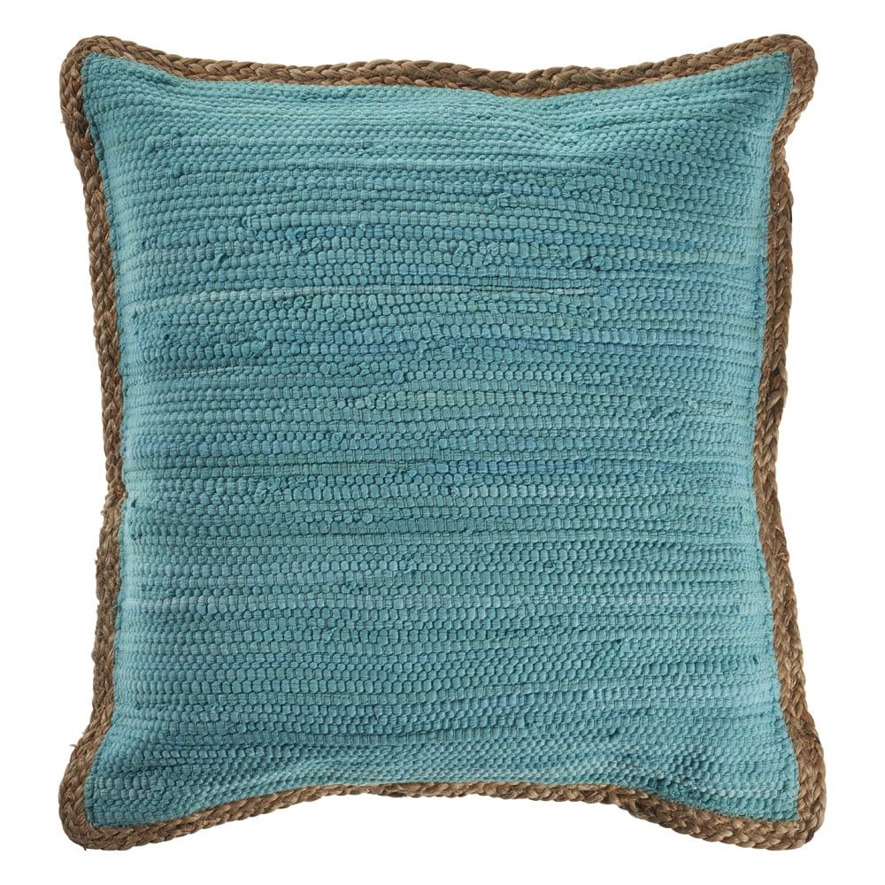 Turquoise and Jute Bordered Square Throw Pillow, 20" x 20"