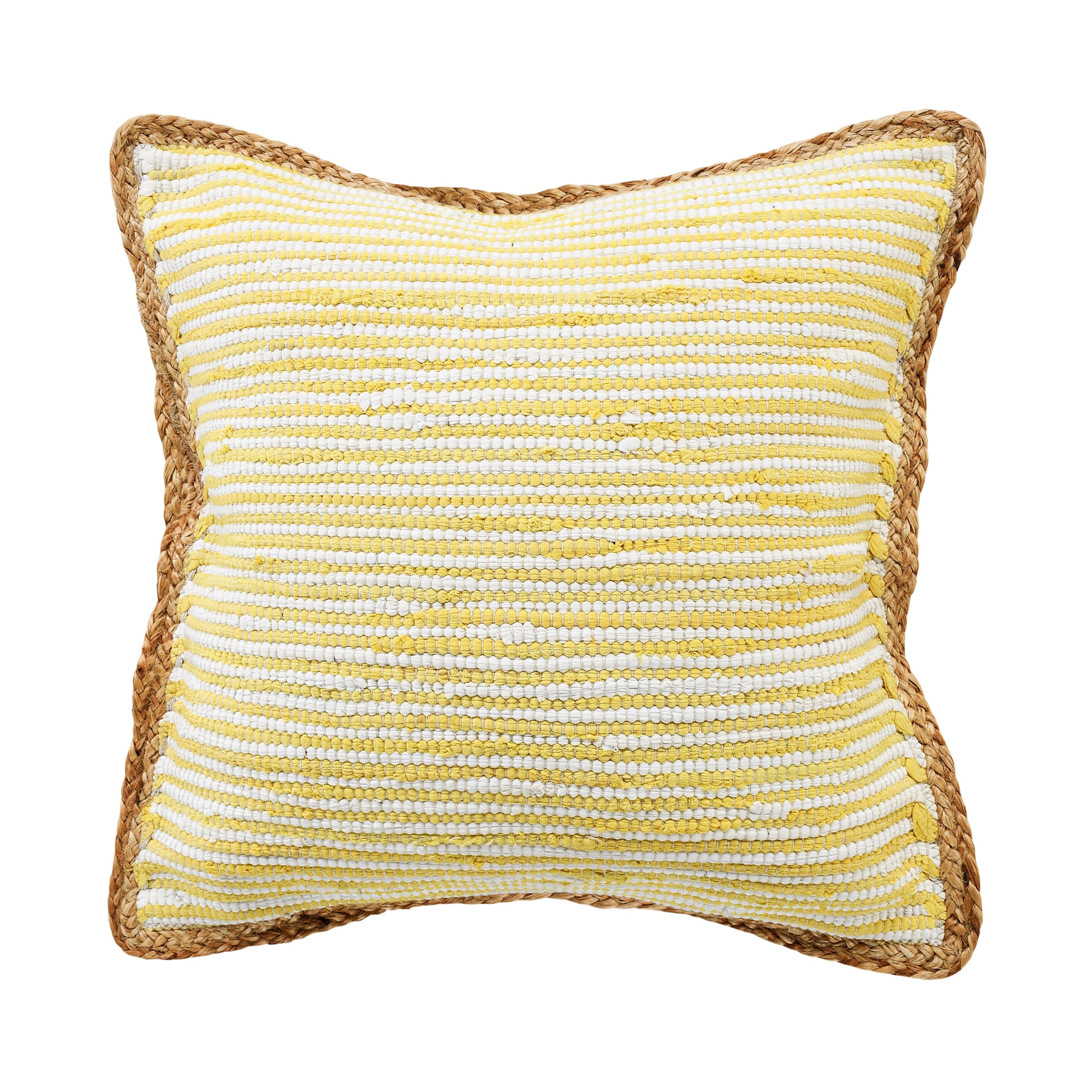 Yellow and White Striped Cotton and Jute 20" Square Throw Pillow