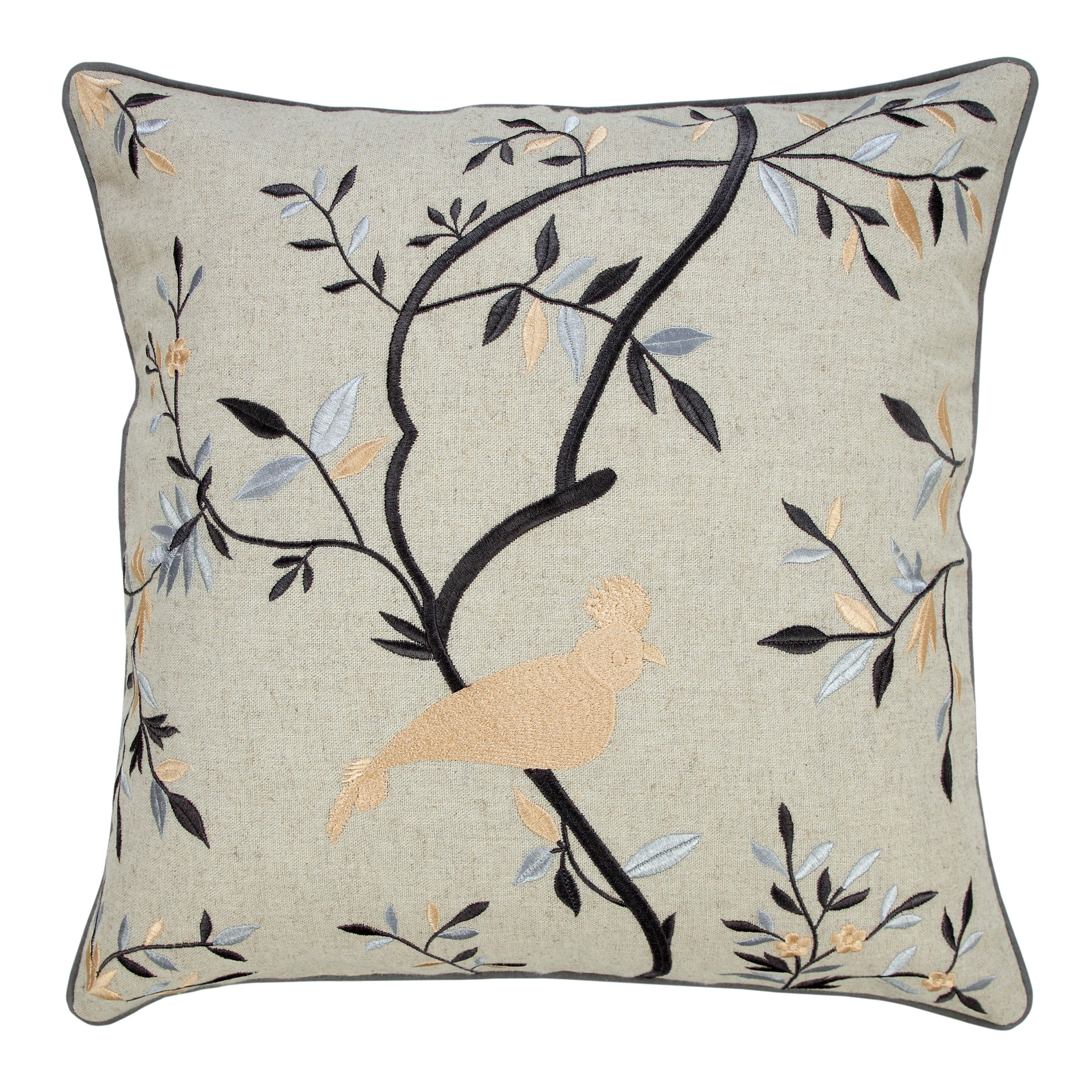 Beige and Blue Embroidered Botanical Bird 20" Square Pillow