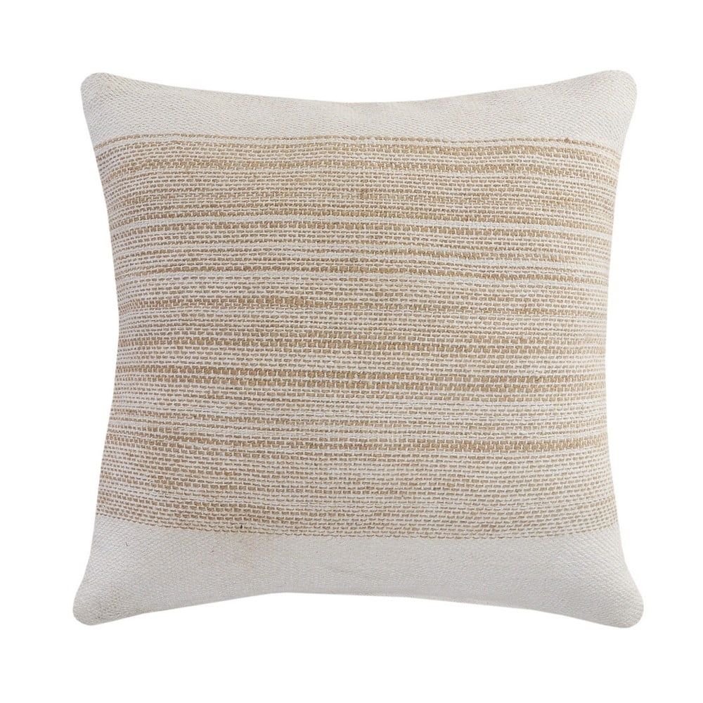 Ivory and Tan Striped Jute Cotton 20" Square Throw Pillow