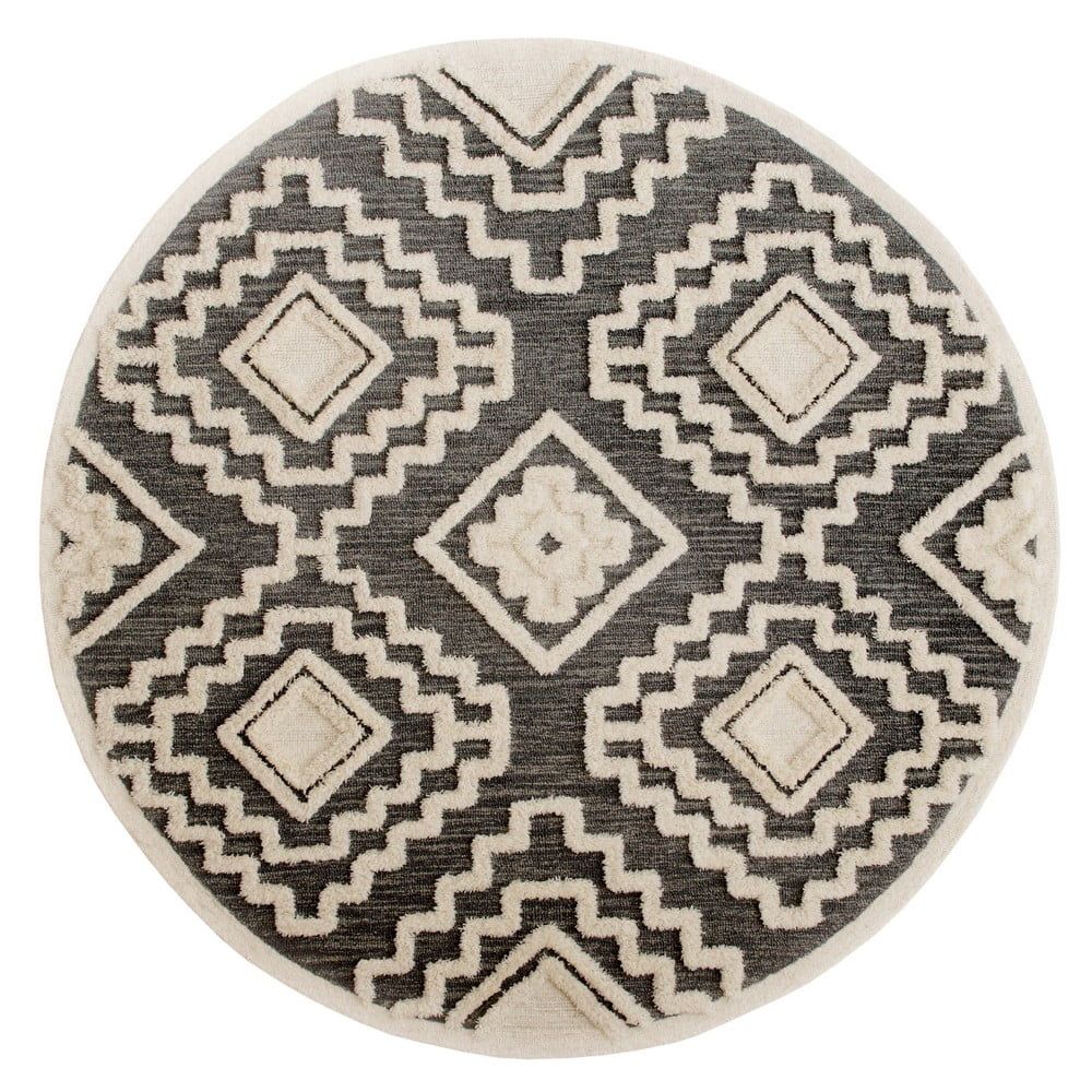 Gray and Cream Tufted Geometric Wool Round Area Rug, 6 ft.