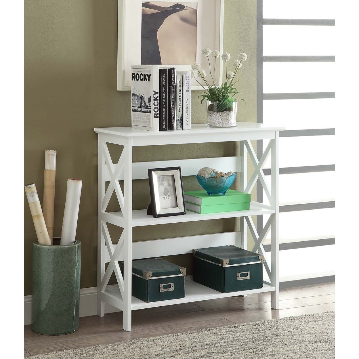 White 3-Tier X-Pattern Wooden Bookcase