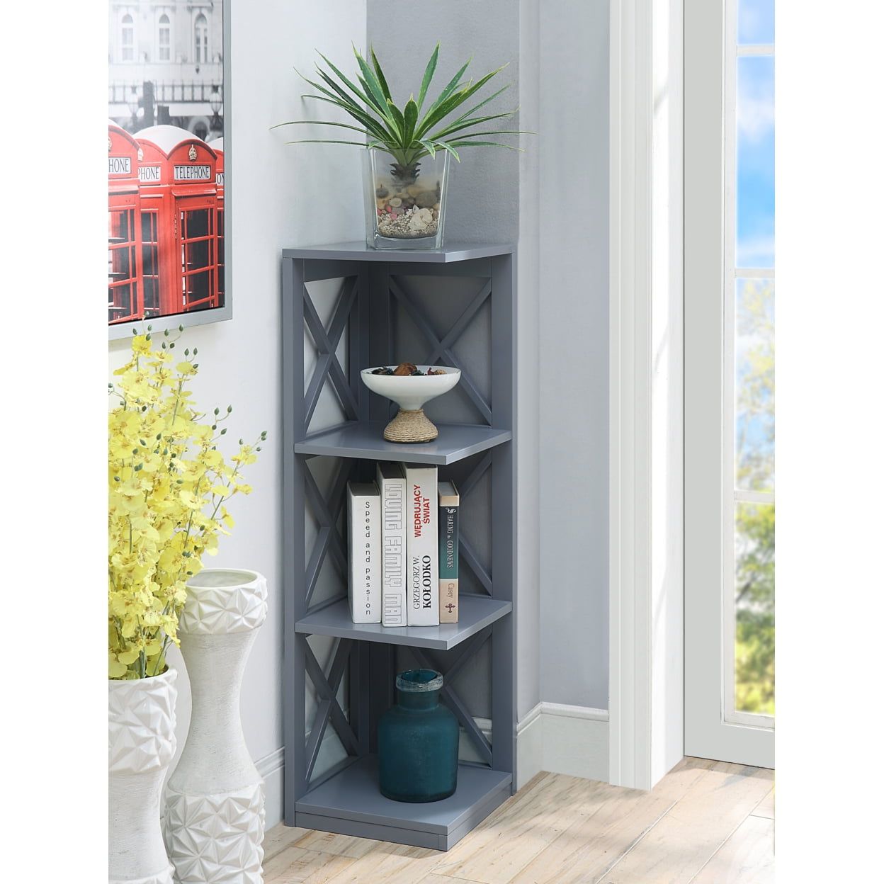 Elegant Oxford Gray 3-Tier Corner Bookcase with Crossed X Design