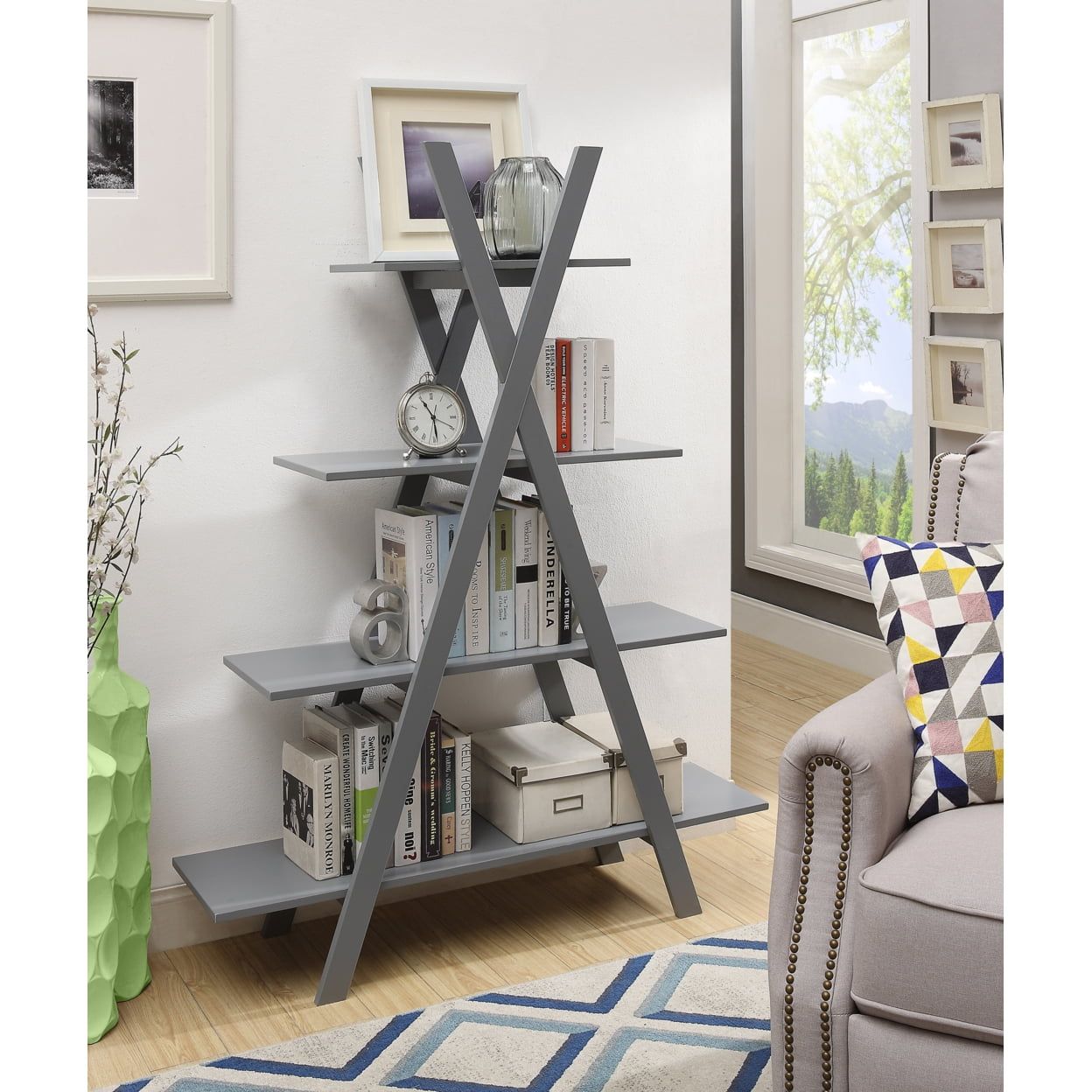 Oxford Gray 4-Tier A-Frame Contemporary Bookshelf