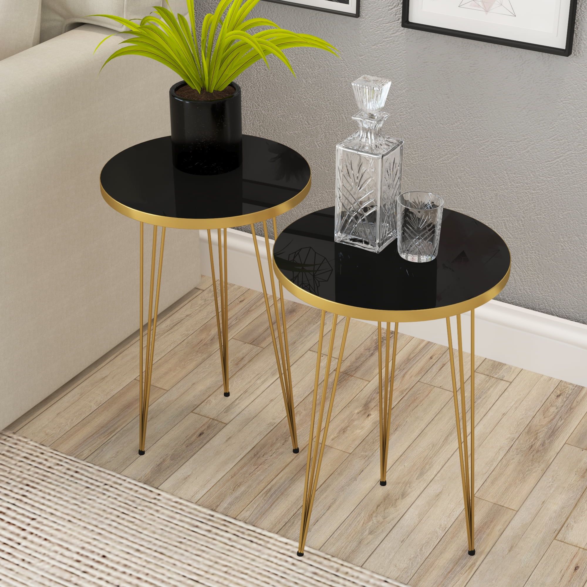 Set of 2 Black and Gold Round Wood End Tables with Metal Legs