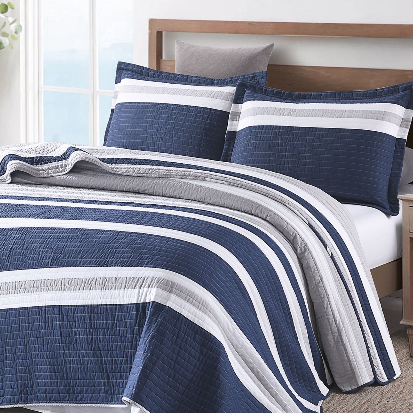 Navy Blue and Gray Striped Cotton Queen Quilt Set