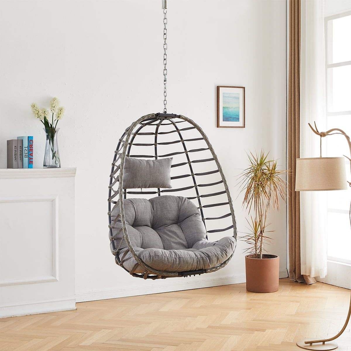 Gray Foldable Hanging Egg Chair with Cushions