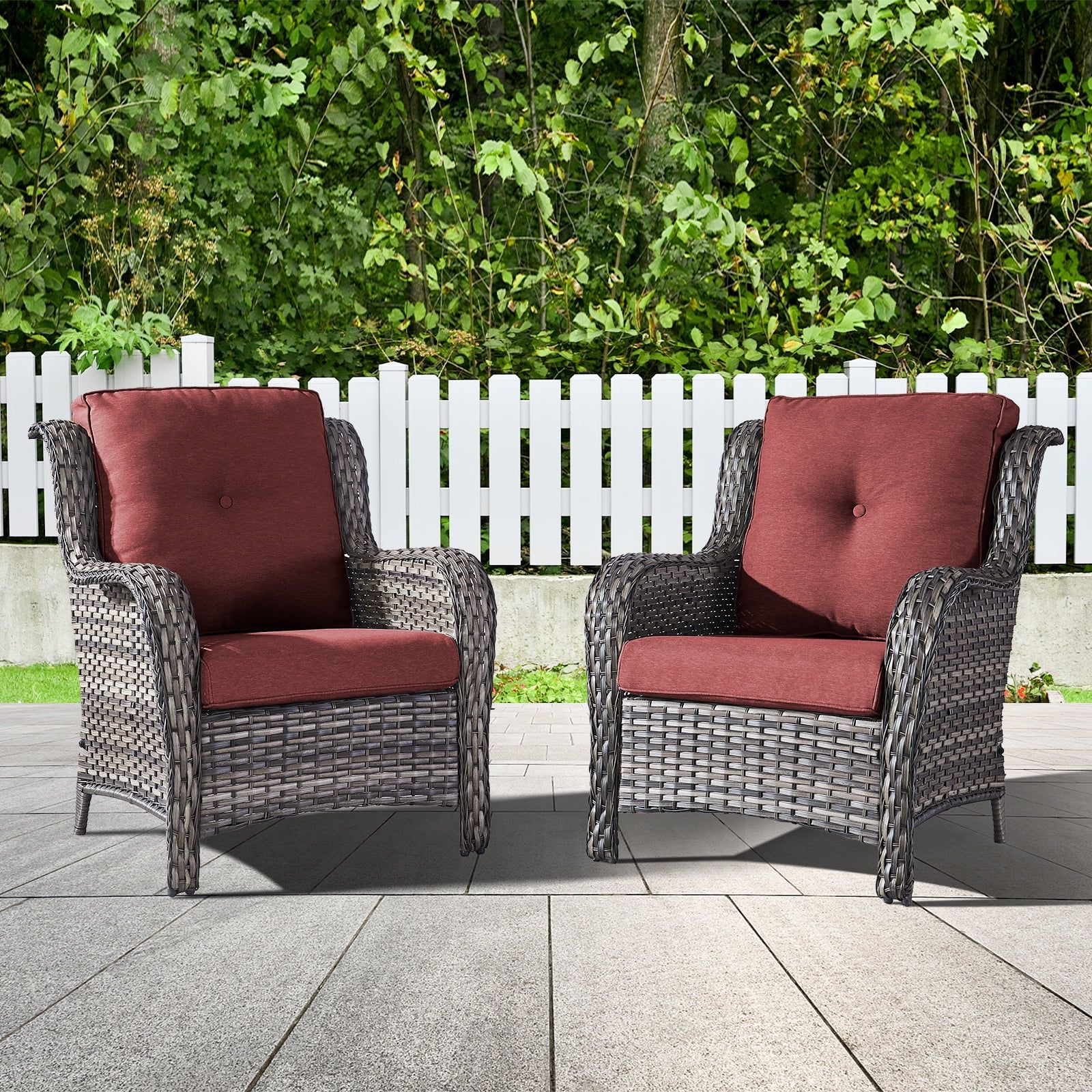 Gray Wicker Lounge Chairs with Red Cushions, Set of 2