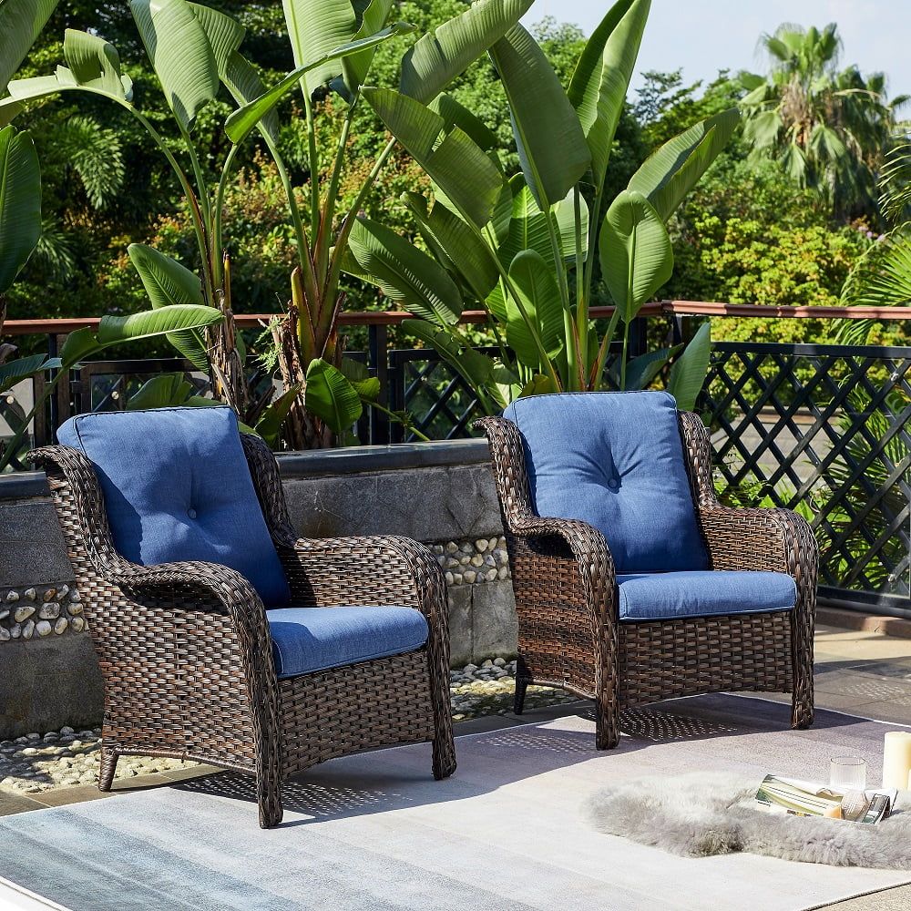 Brown Wicker Patio Chairs with Blue Cushions, Set of 2