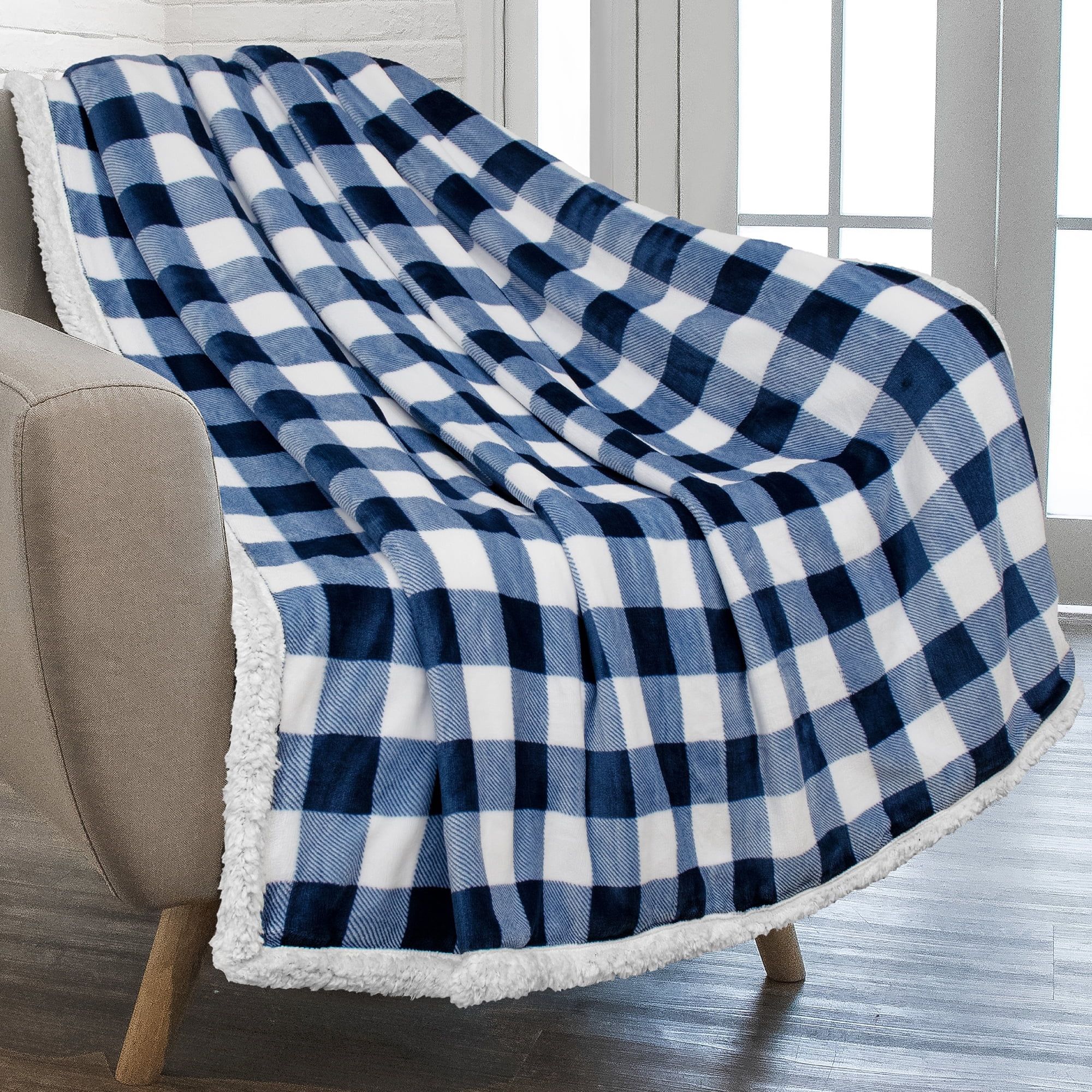 Checker Navy and White Reversible Sherpa Fleece Throw Blanket