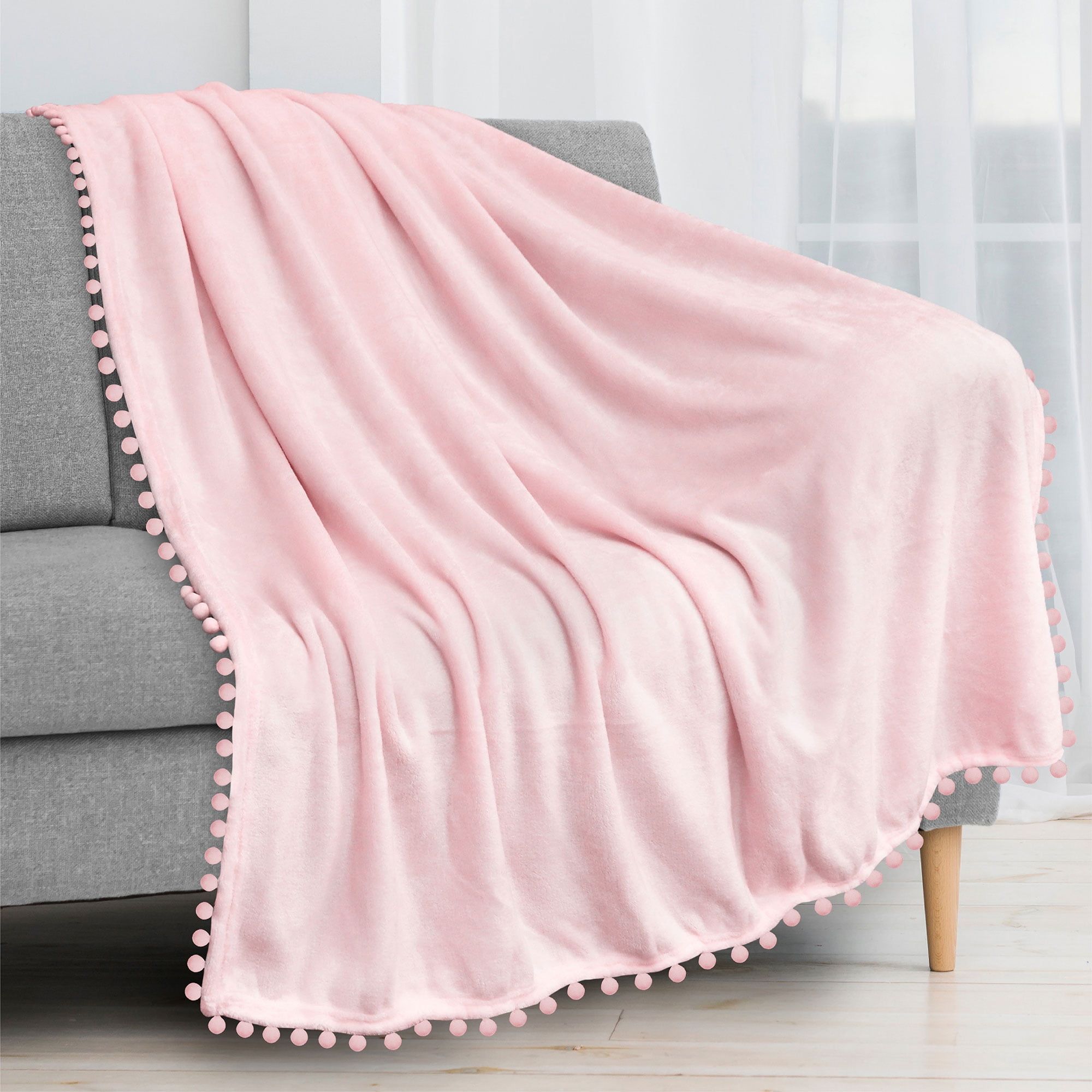 Light Pink Fleece Throw Blanket with Pom Pom Fringe