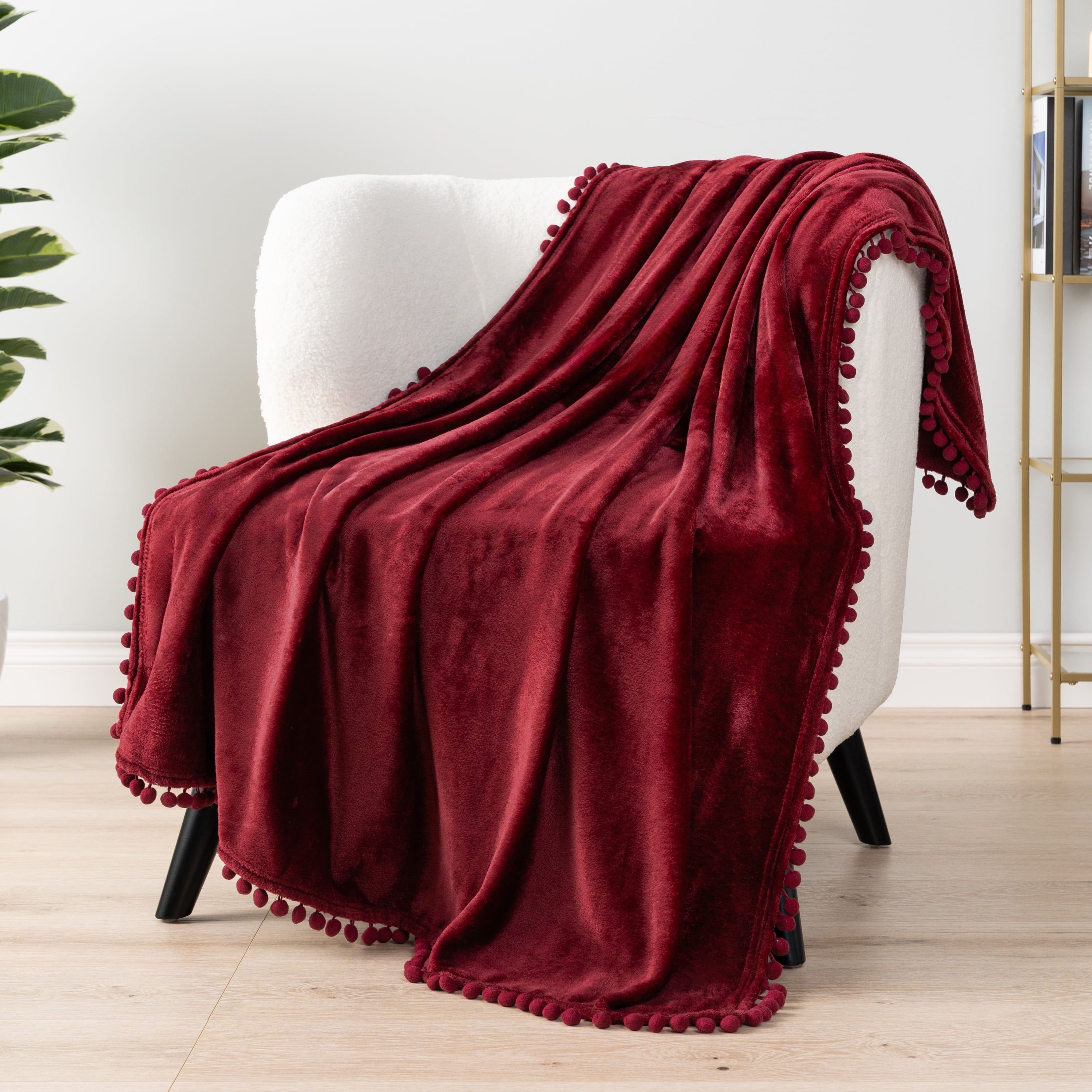 Wine Red Fleece Throw Blanket with Pom Pom Fringe