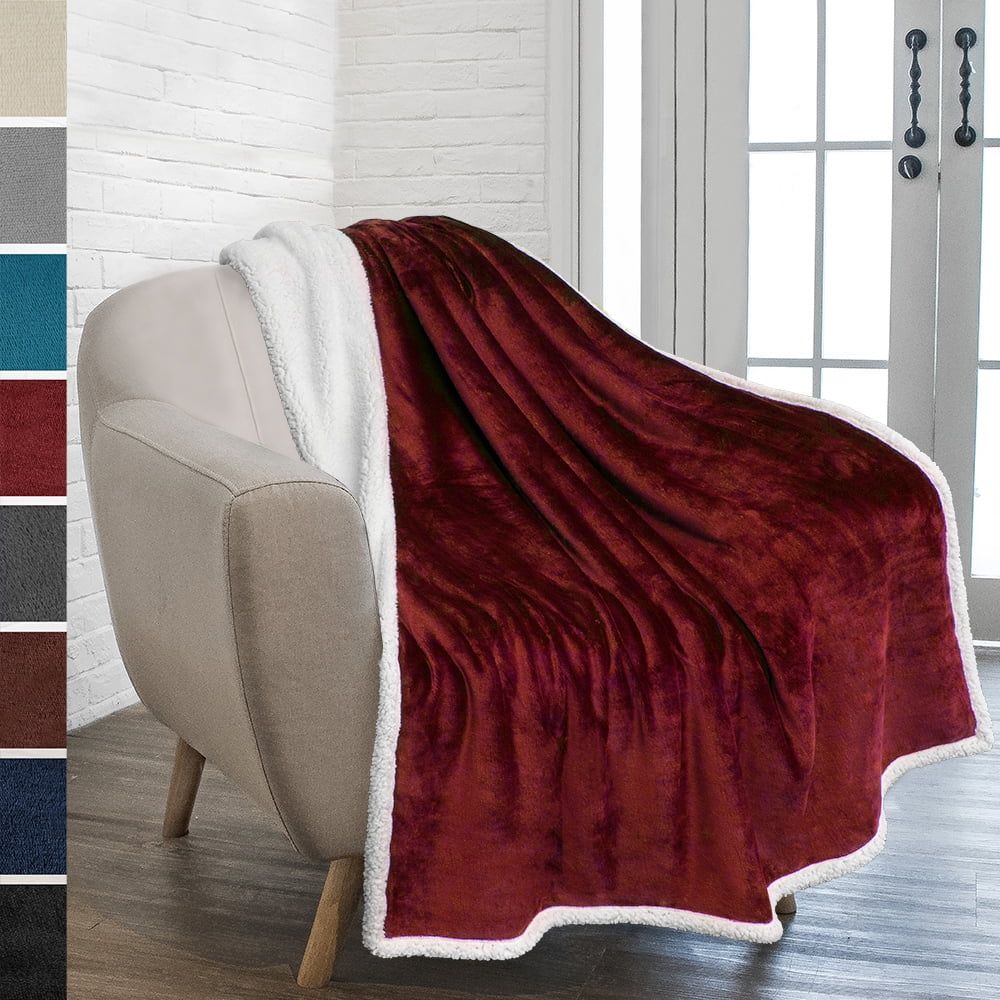 Wine Red Reversible Sherpa Fleece Throw Blanket 50" x 60"