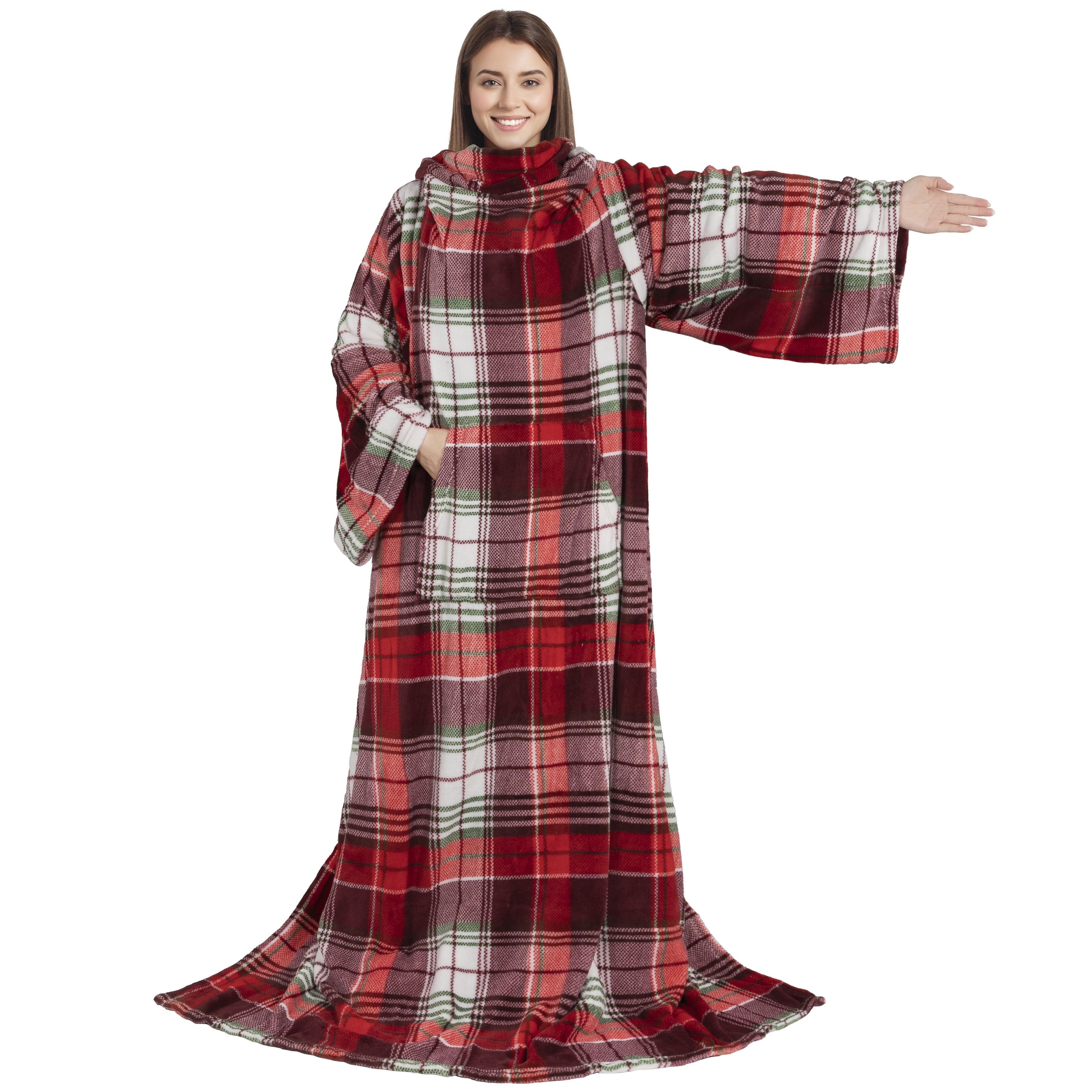 Christmas Plaid Fleece Wearable Blanket with Sleeves